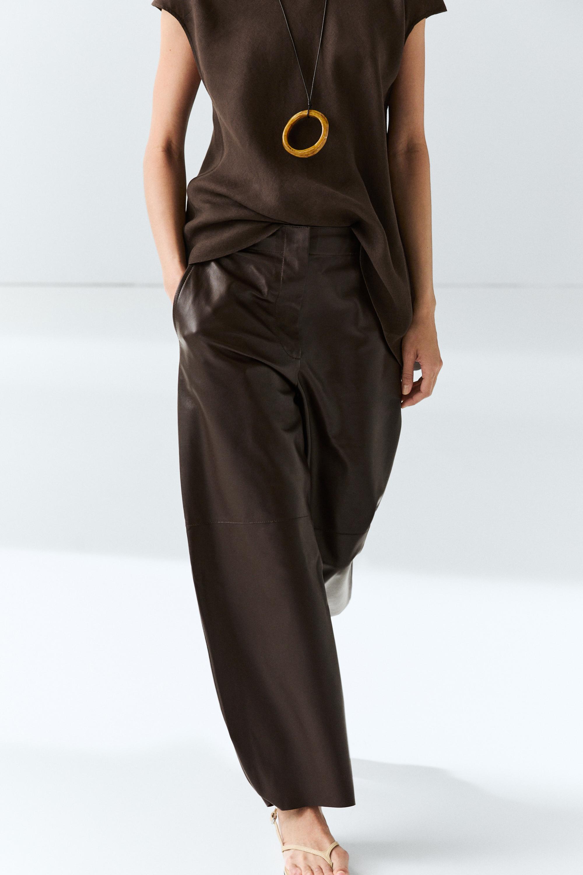 Leather barrel fit pants Brown