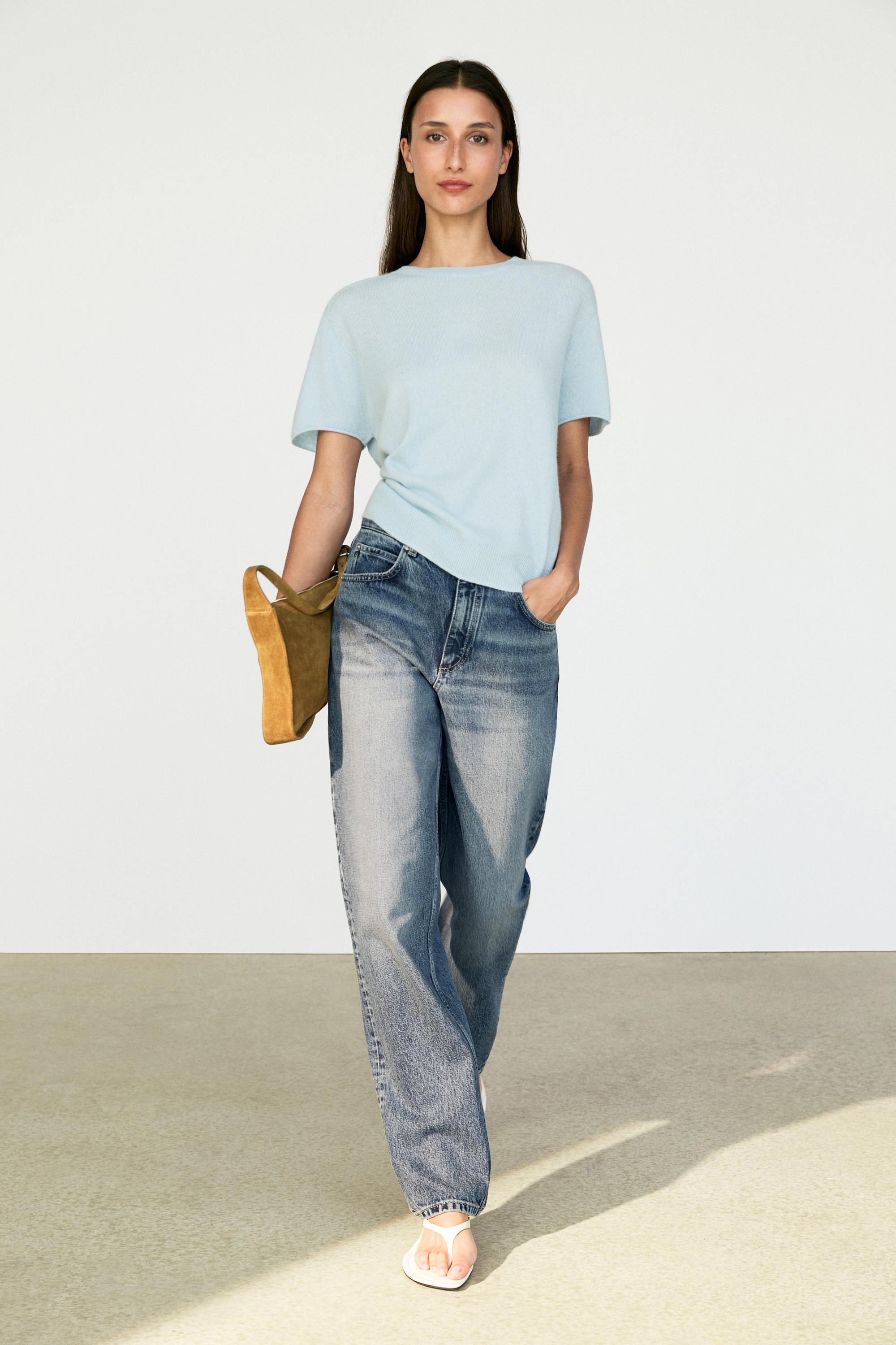 100% cashmere short sleeve knit sweater Sky Blue