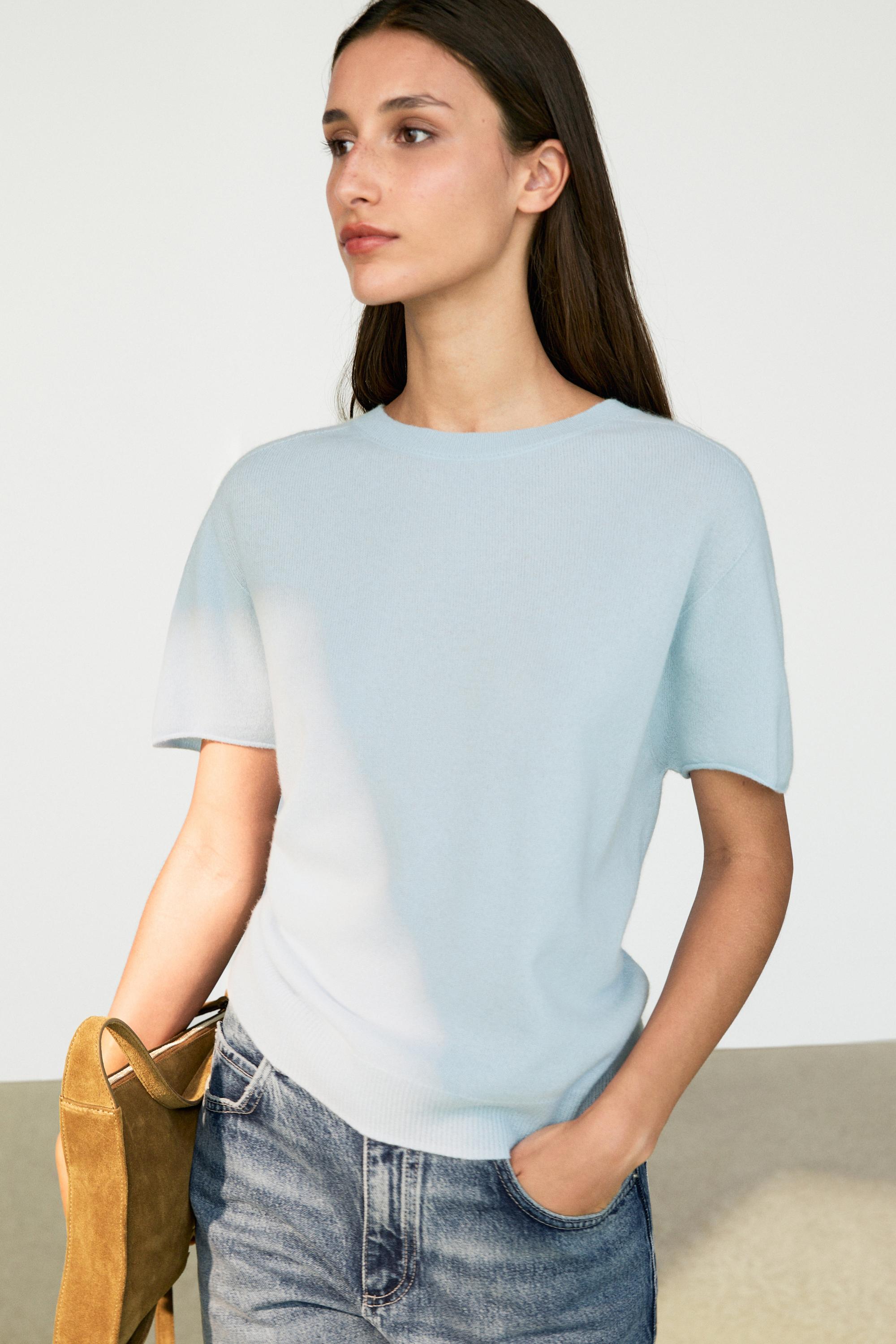 100% cashmere short sleeve knit sweater Sky Blue