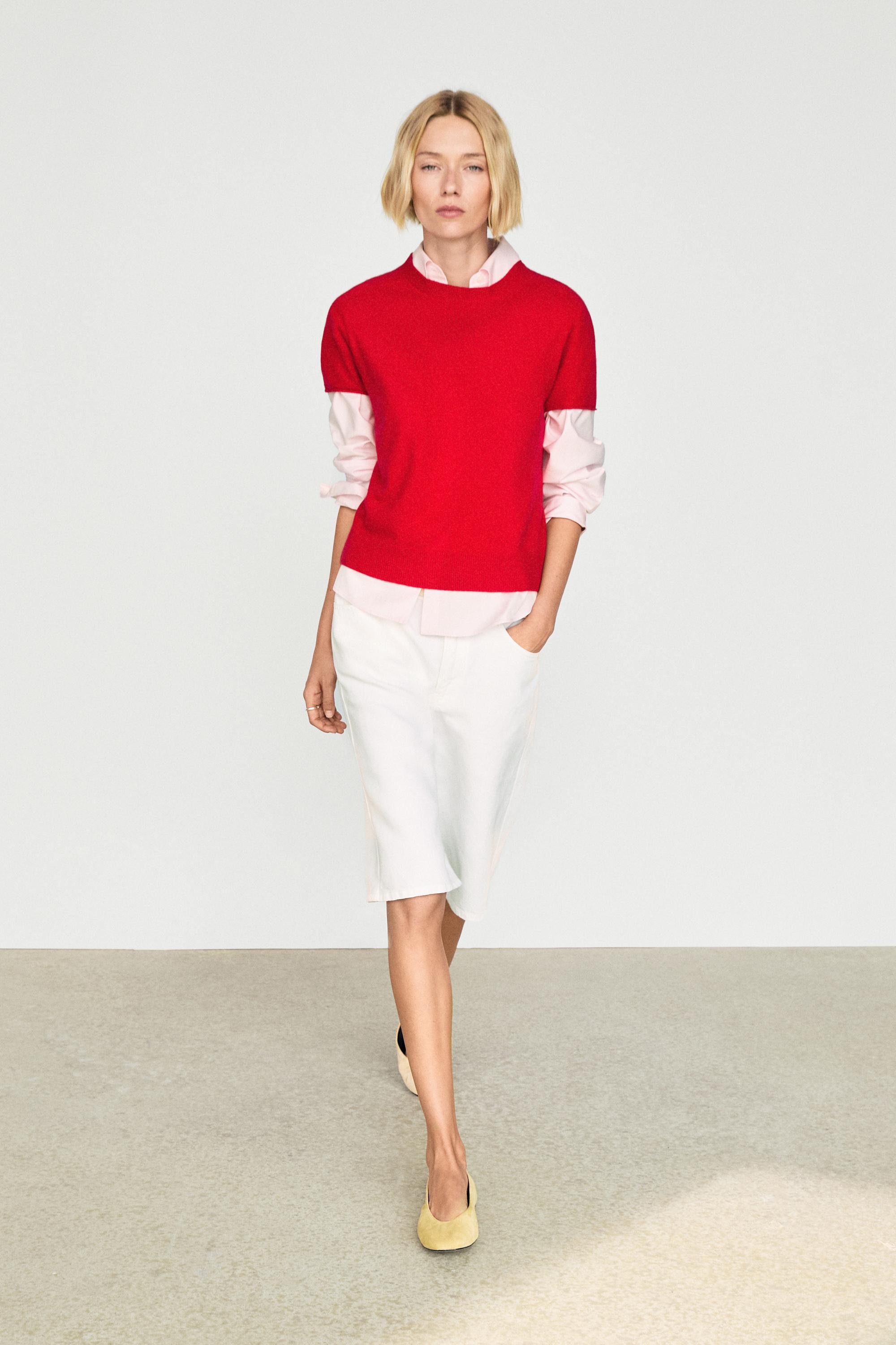 100% cashmere short sleeve knit sweater Red