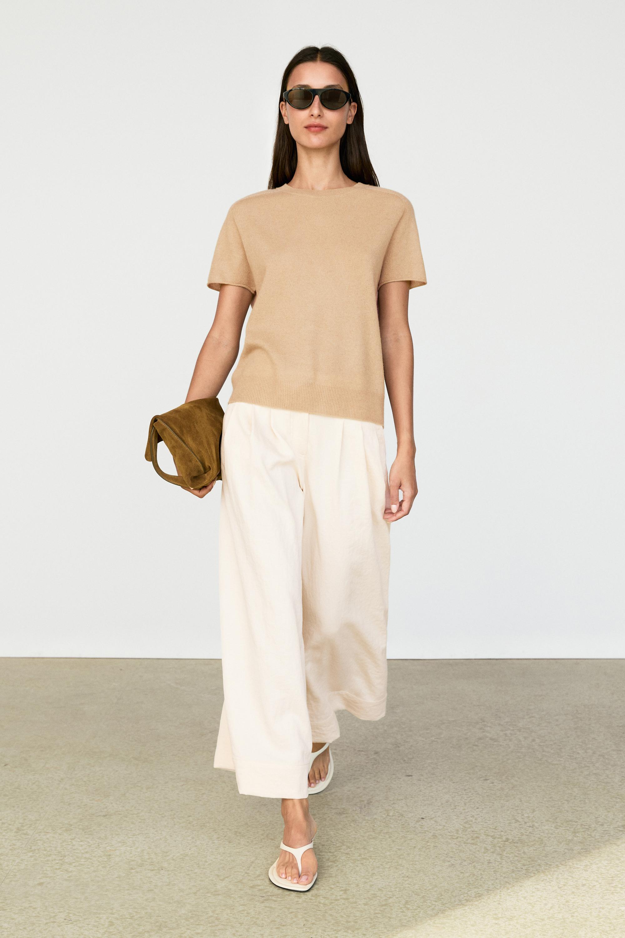 100% cashmere short sleeve knit sweater Camel