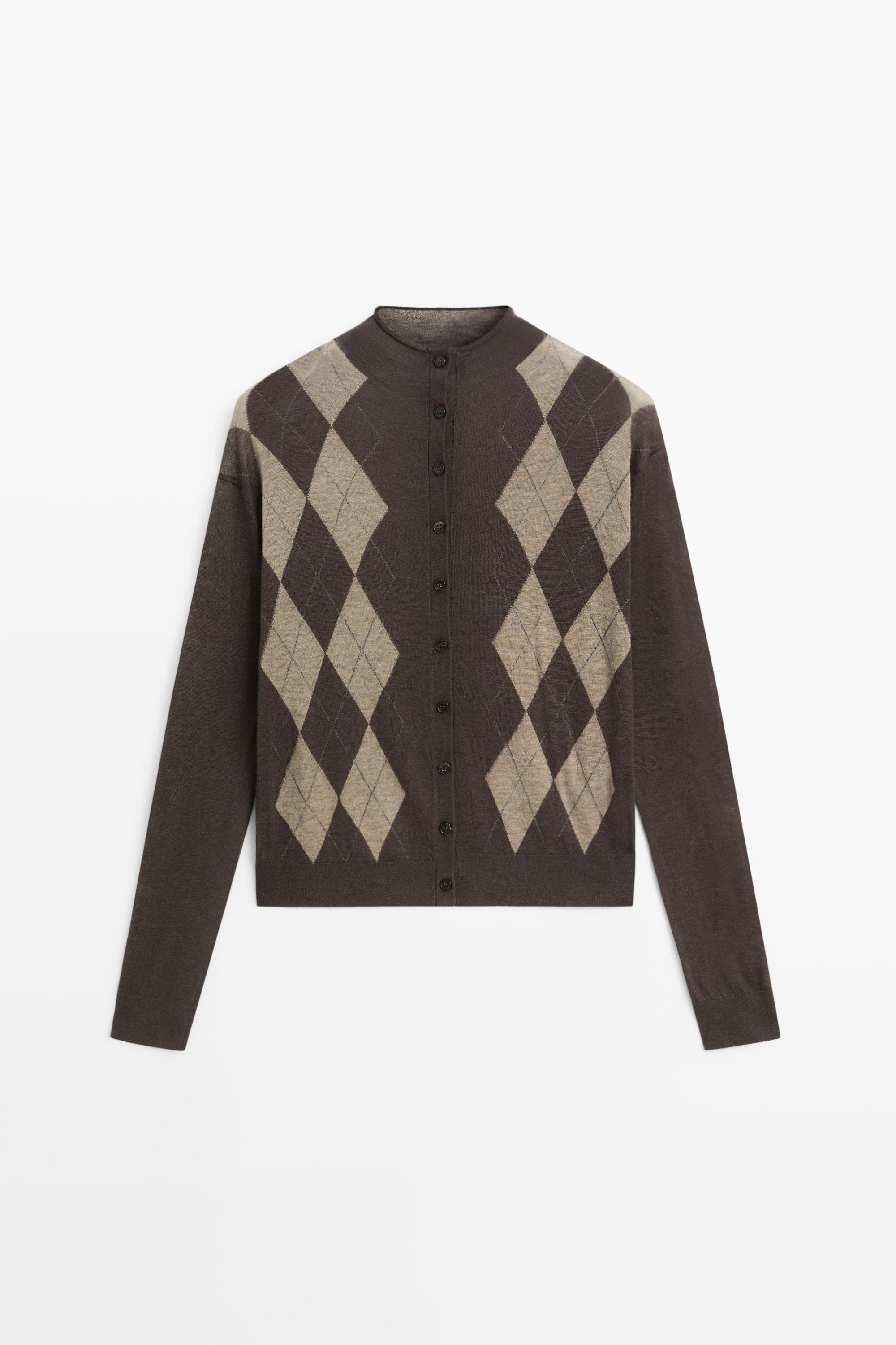 100% wool argyle knit cardigan Grey