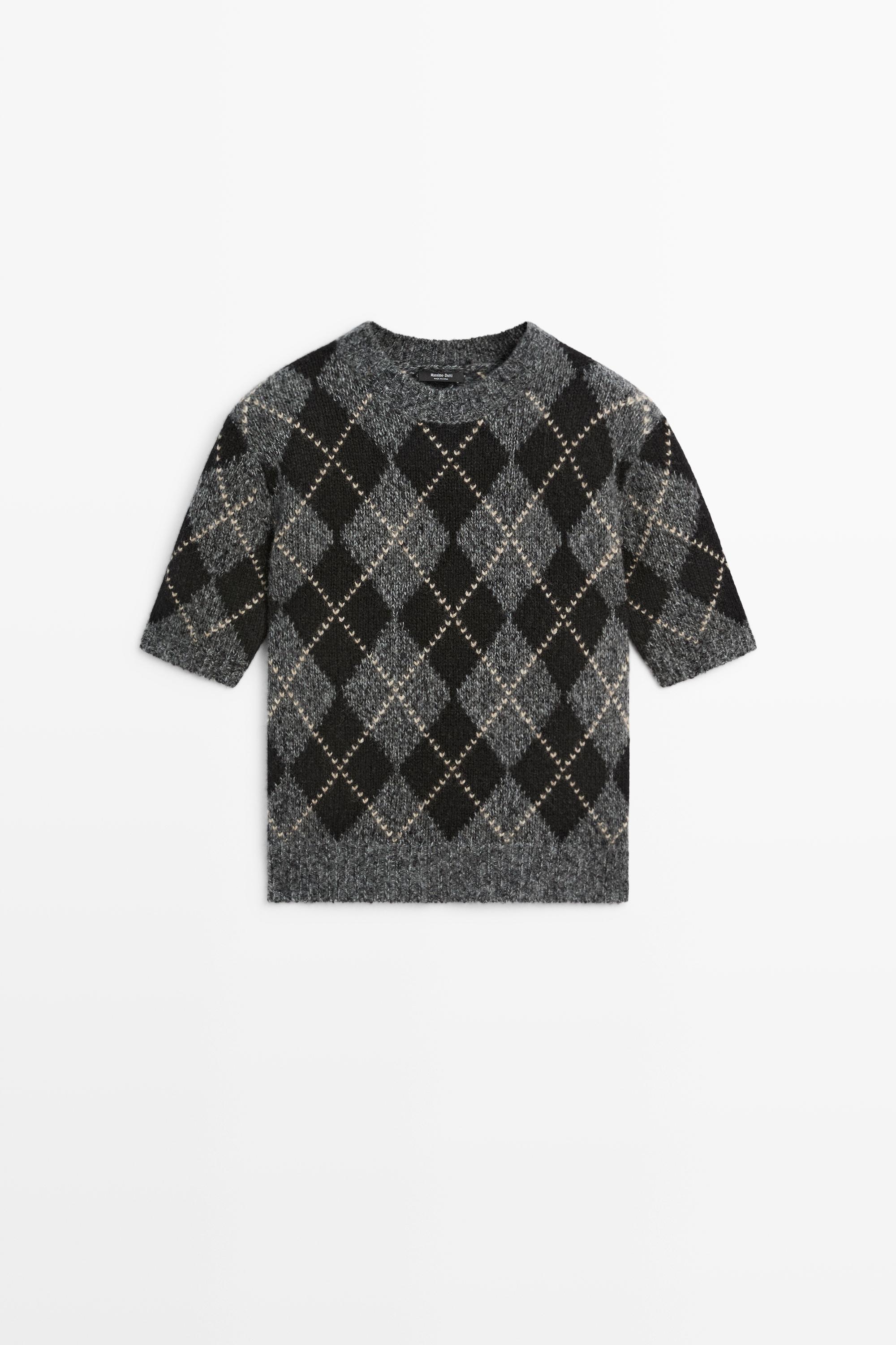 Cashmere-blend short sleeve argyle knit sweater Grey