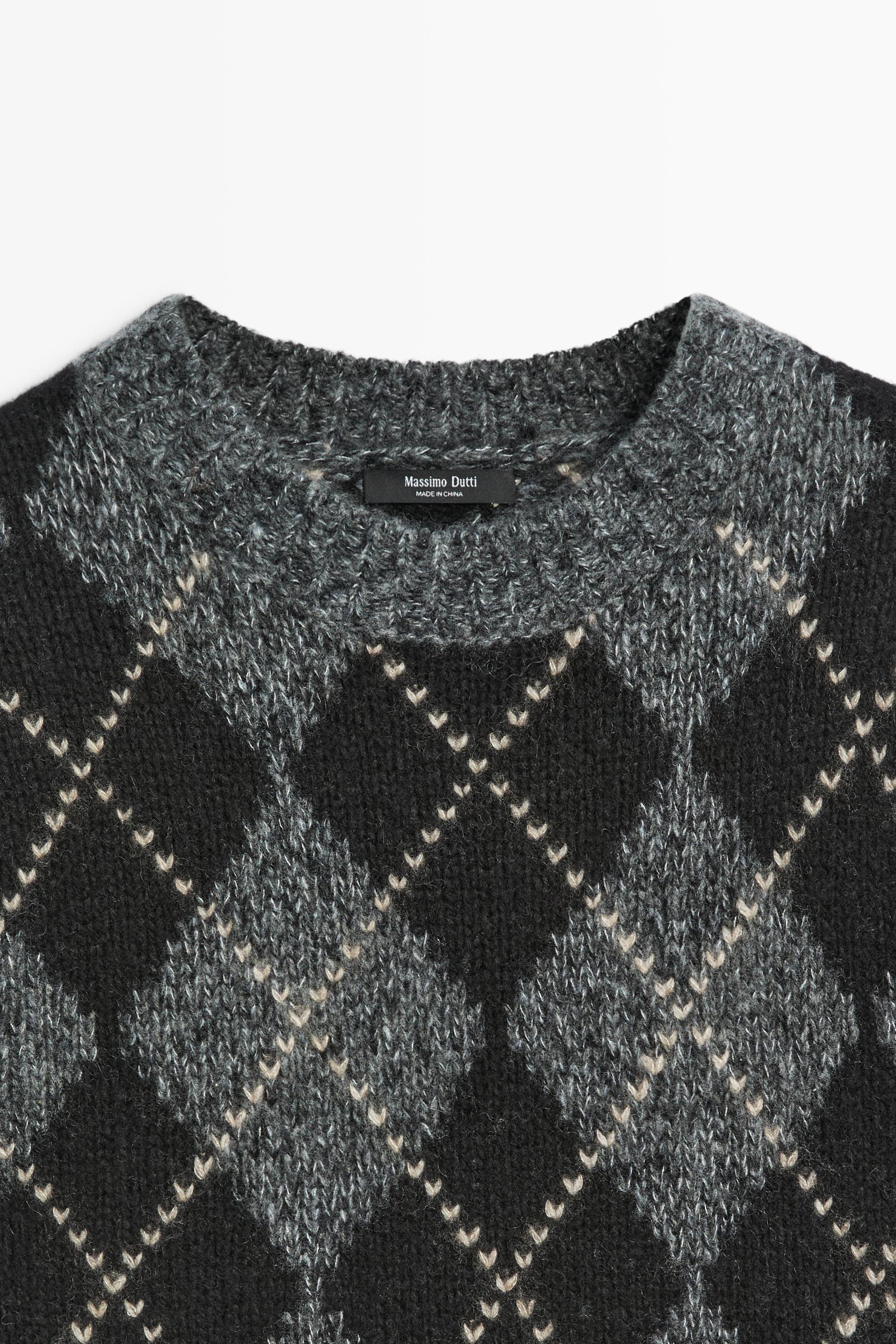 Cashmere-blend short sleeve argyle knit sweater Grey