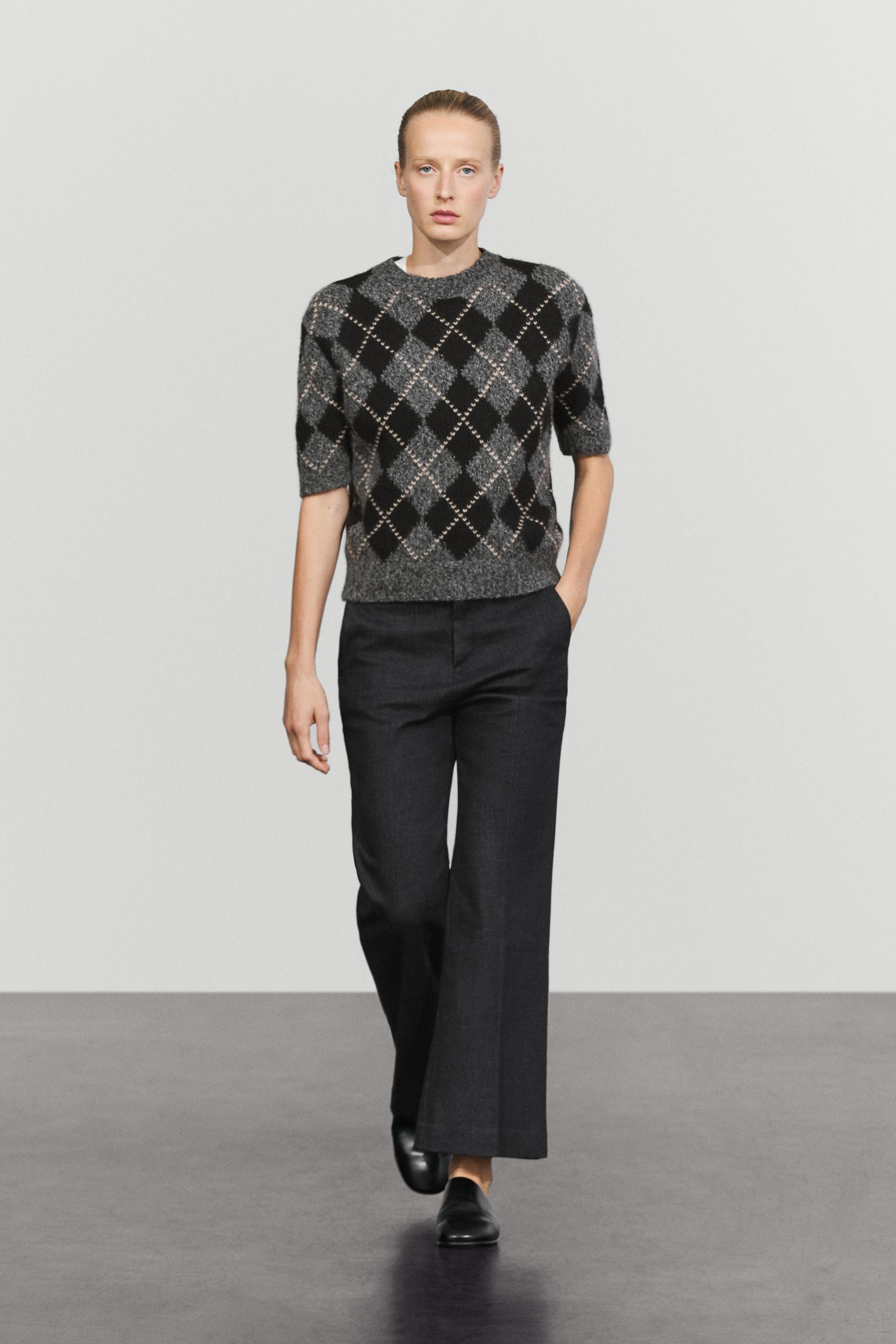 Cashmere-blend short sleeve argyle knit sweater Grey