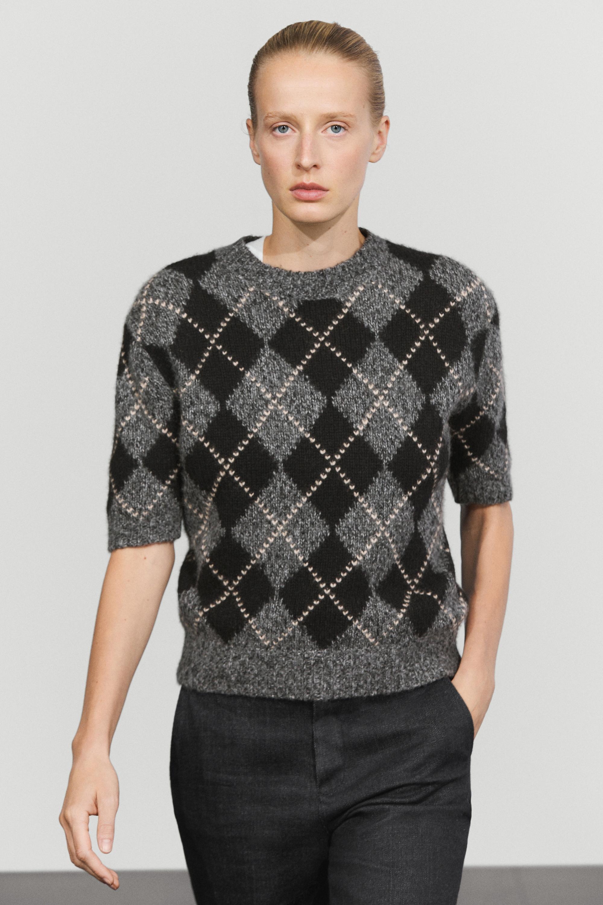 Cashmere-blend short sleeve argyle knit sweater Grey