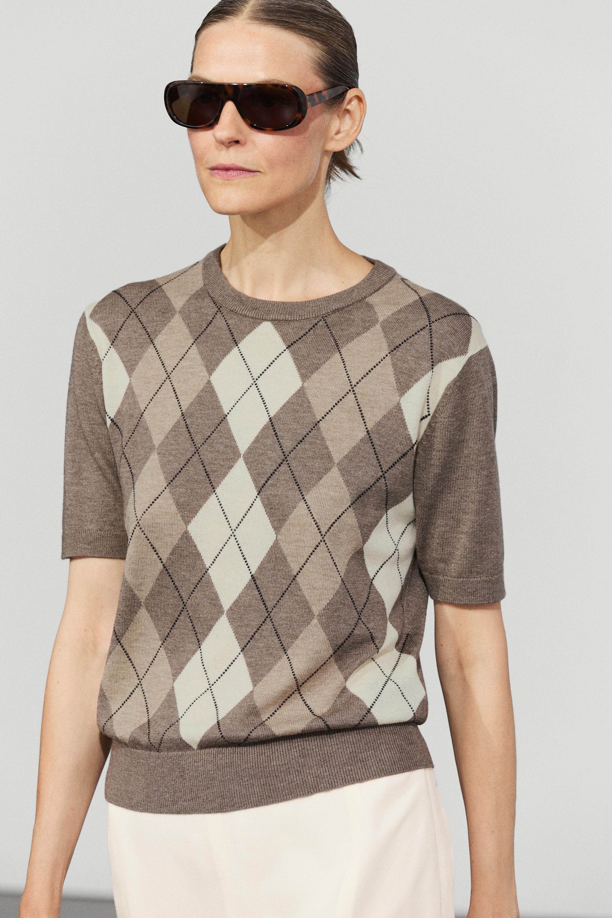 Short sleeve argyle pattern sweater Taupe Grey