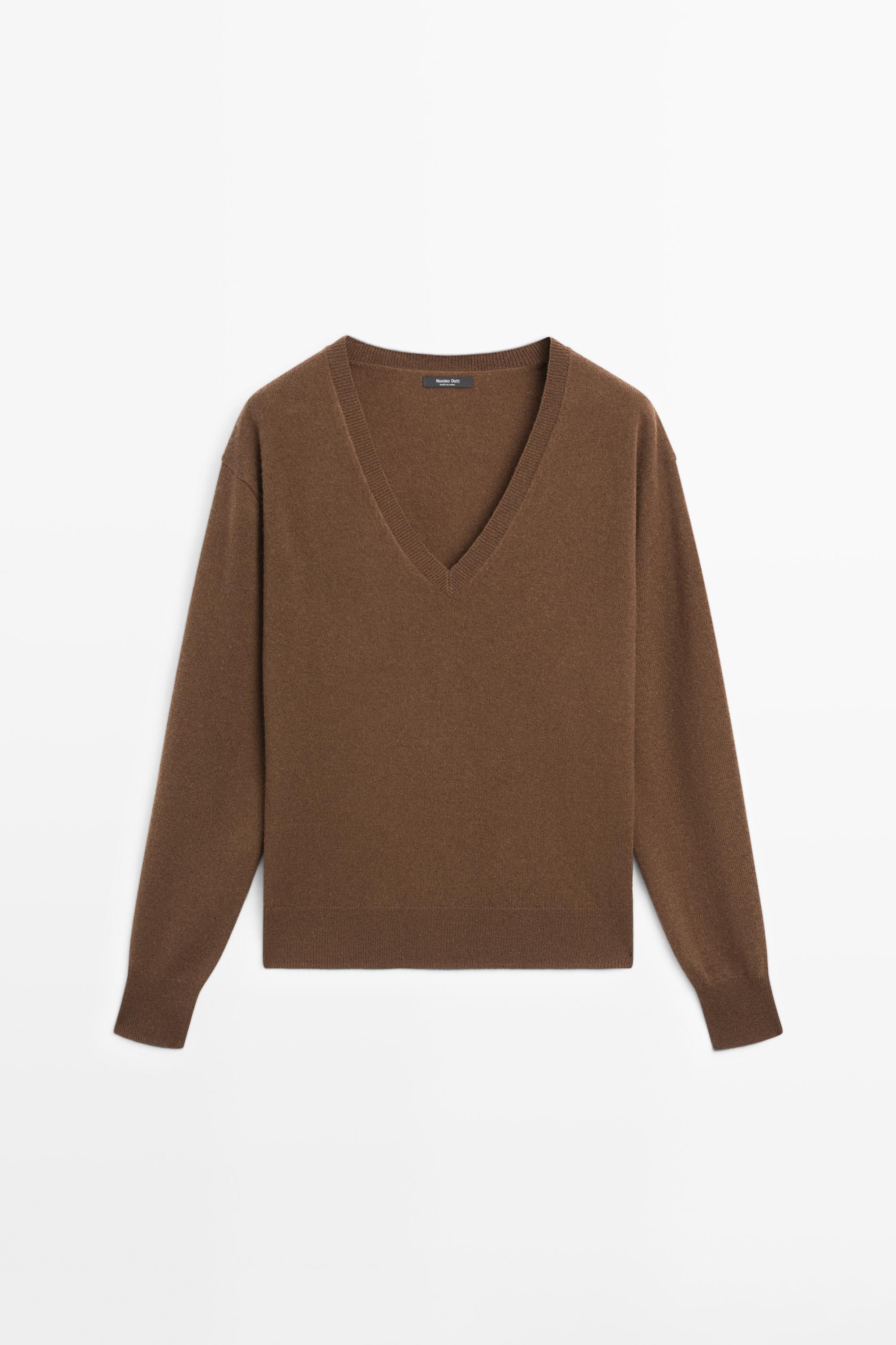 Wool blend V-neck knit sweater Toffee