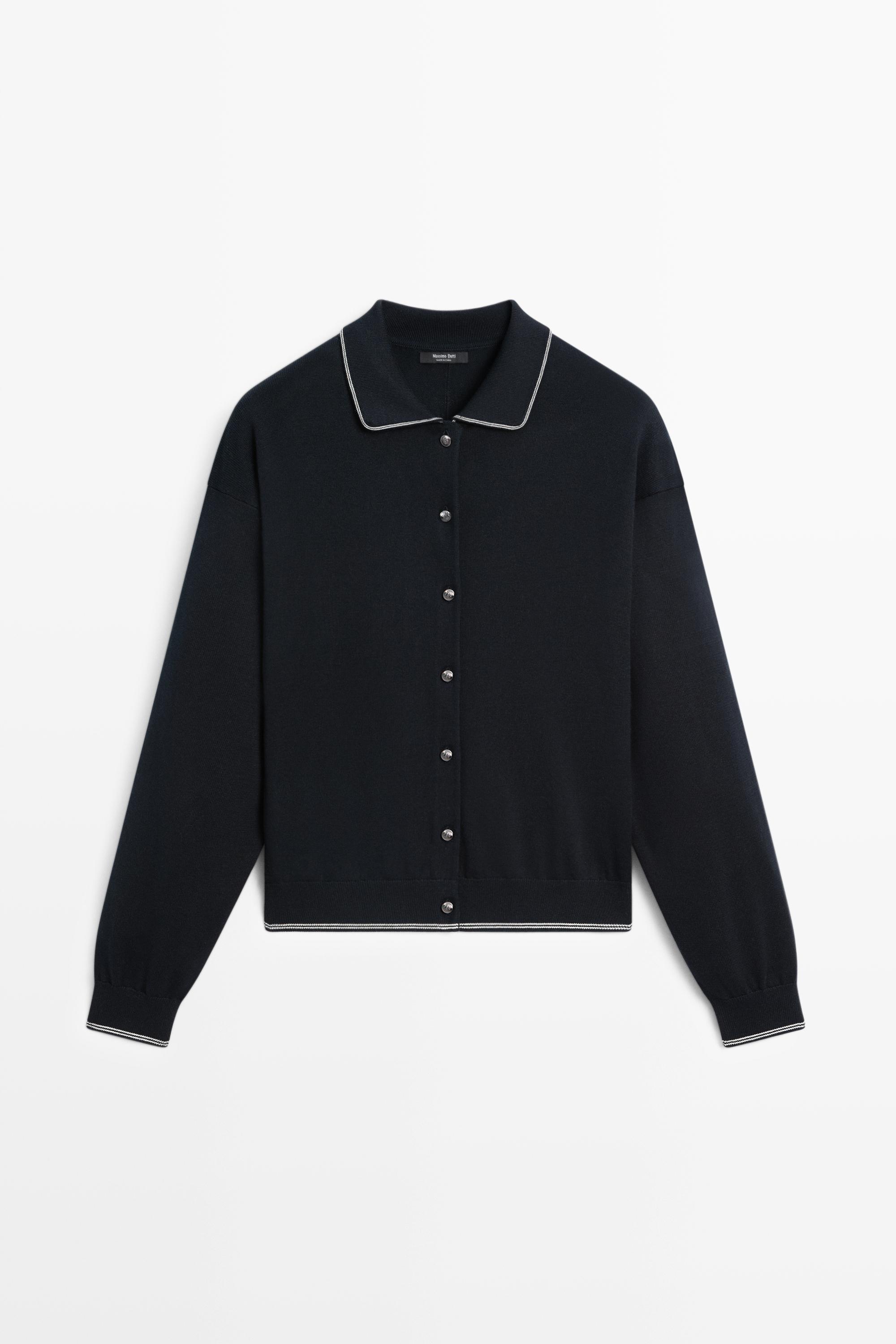 100% cotton contrast polo collar cardigan Navy Blue