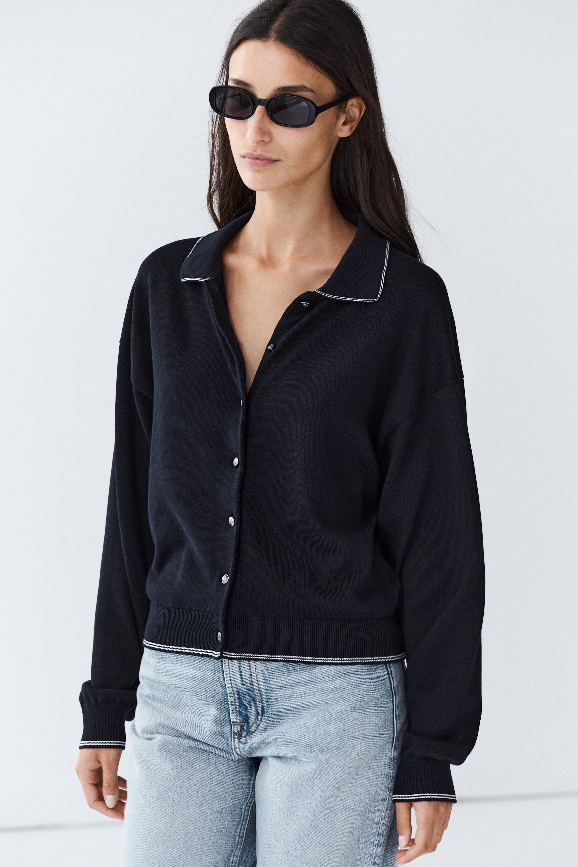 100% cotton contrast polo collar cardigan Navy Blue