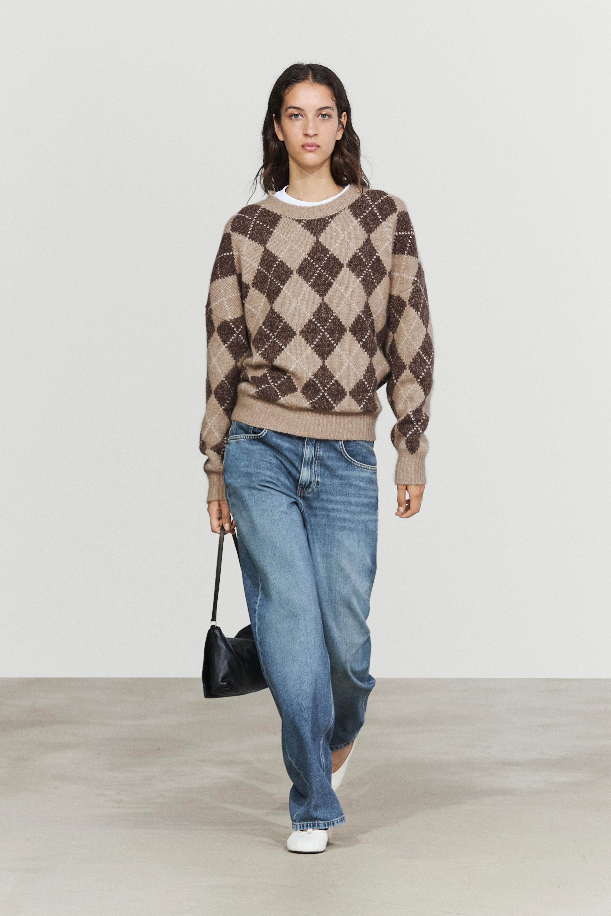 Argyle knit sweater with cashmere Beige