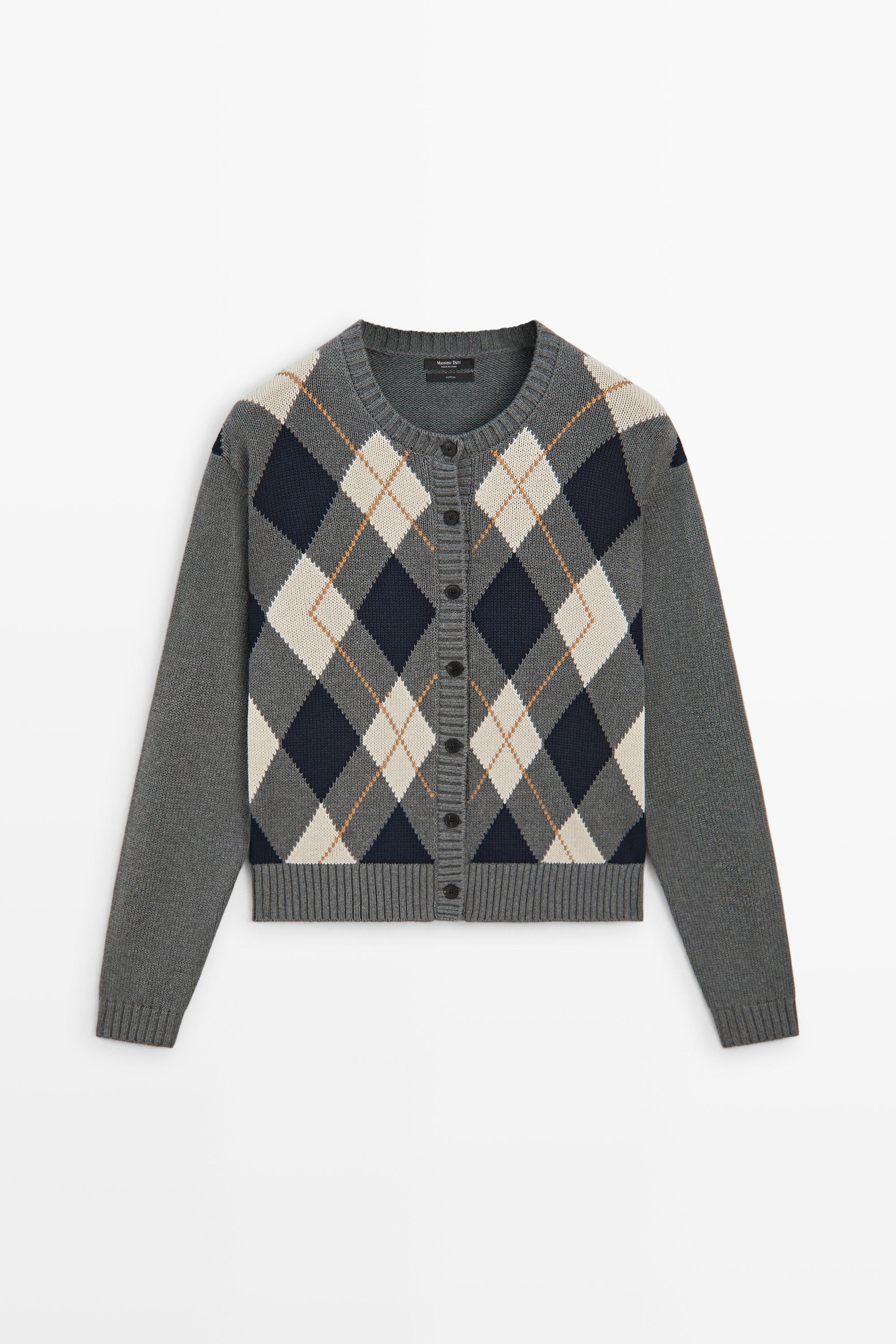100% cotton diamond knit cardigan Grey