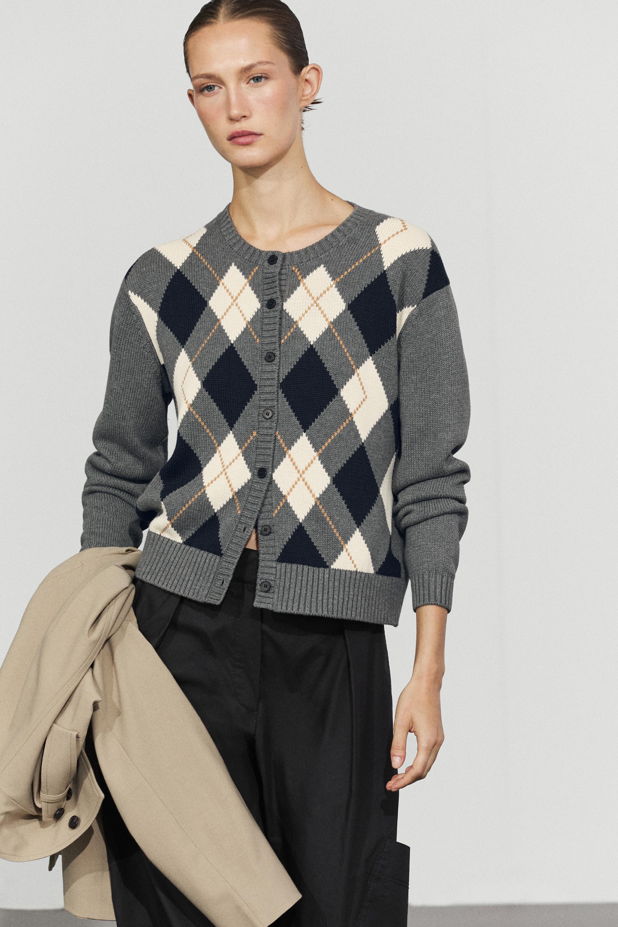 100% cotton diamond knit cardigan Grey