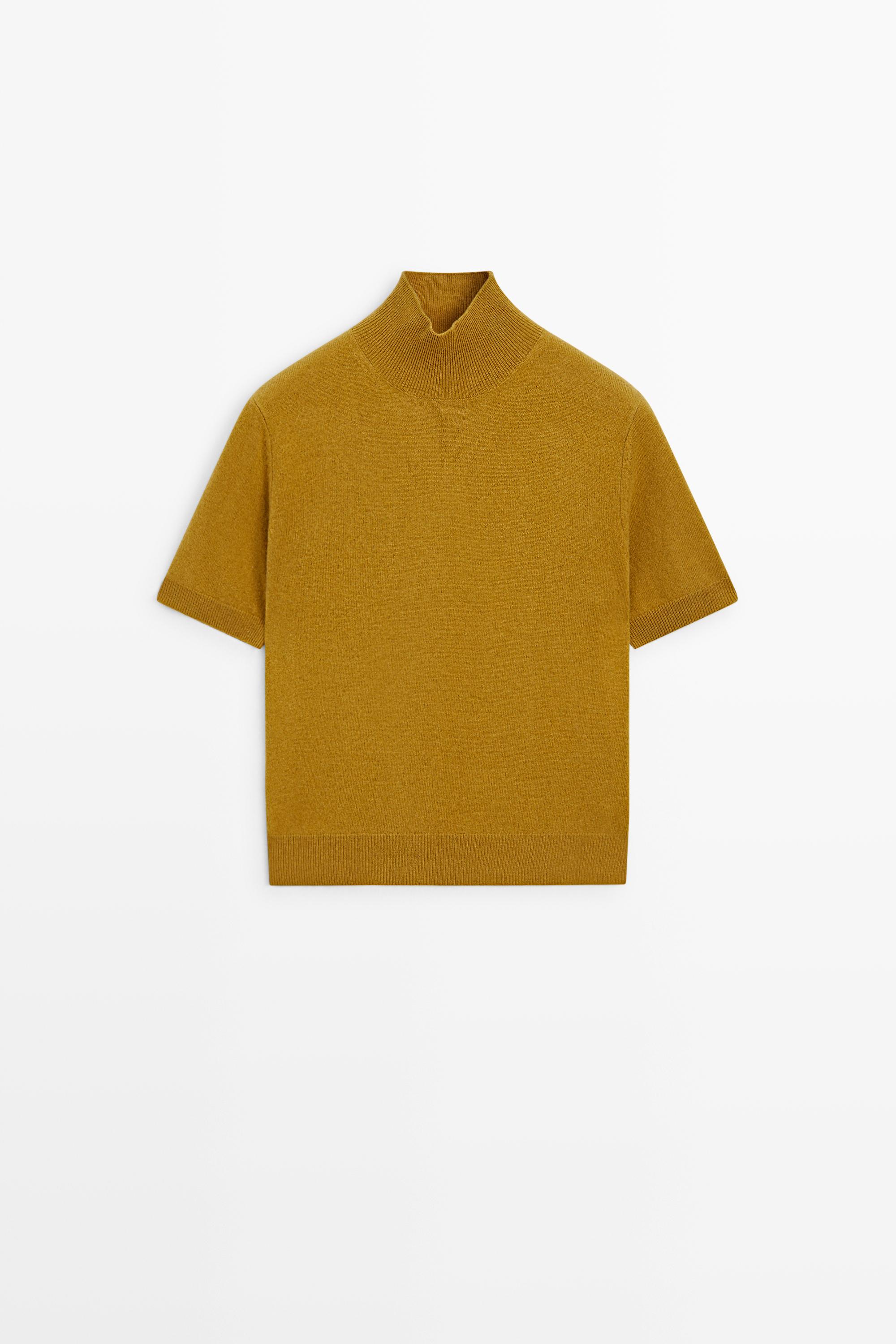 Wool-cashmere blend short sleeve knit sweater Mustard Yellow