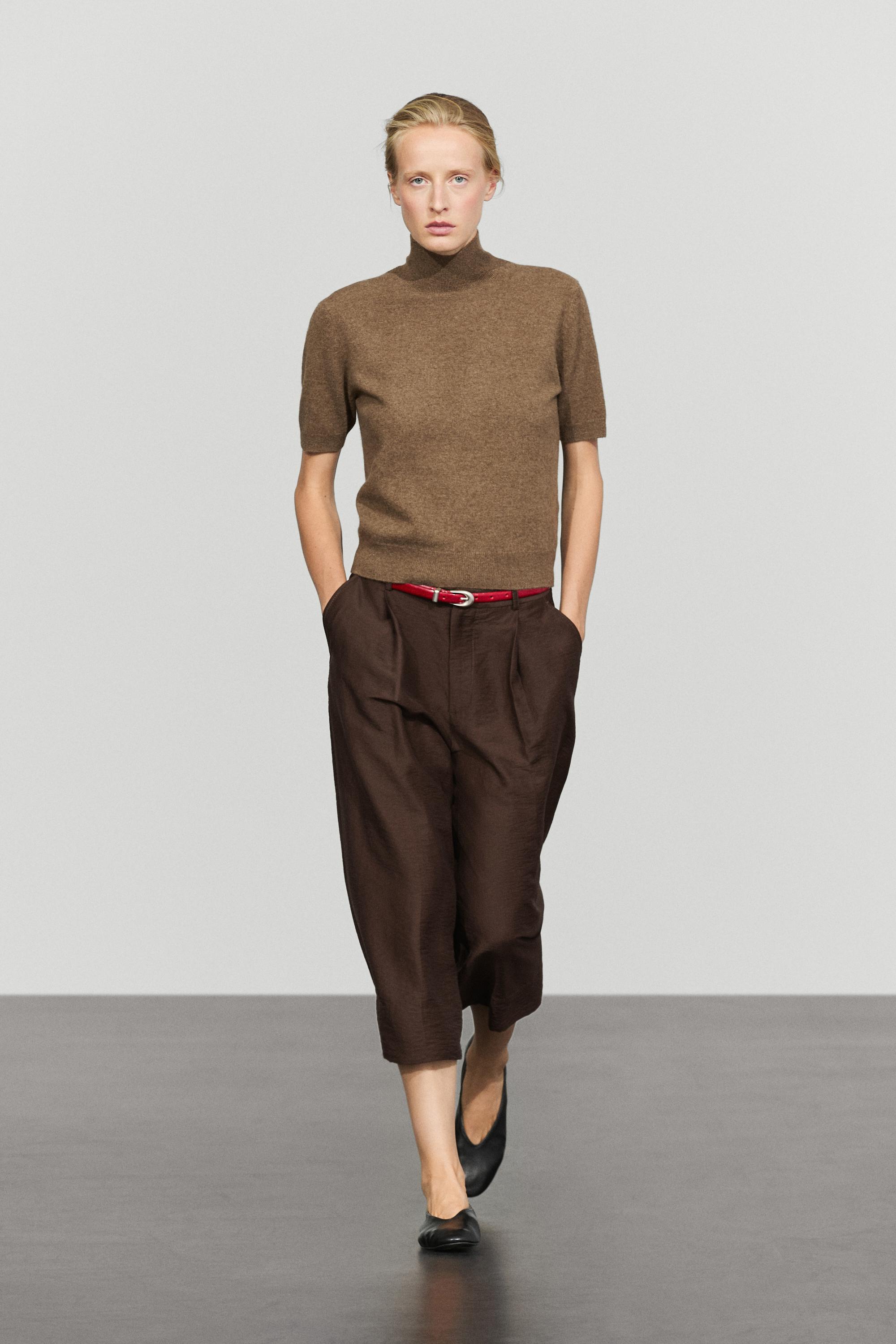 Wool-cashmere blend short sleeve knit sweater Brown Marl