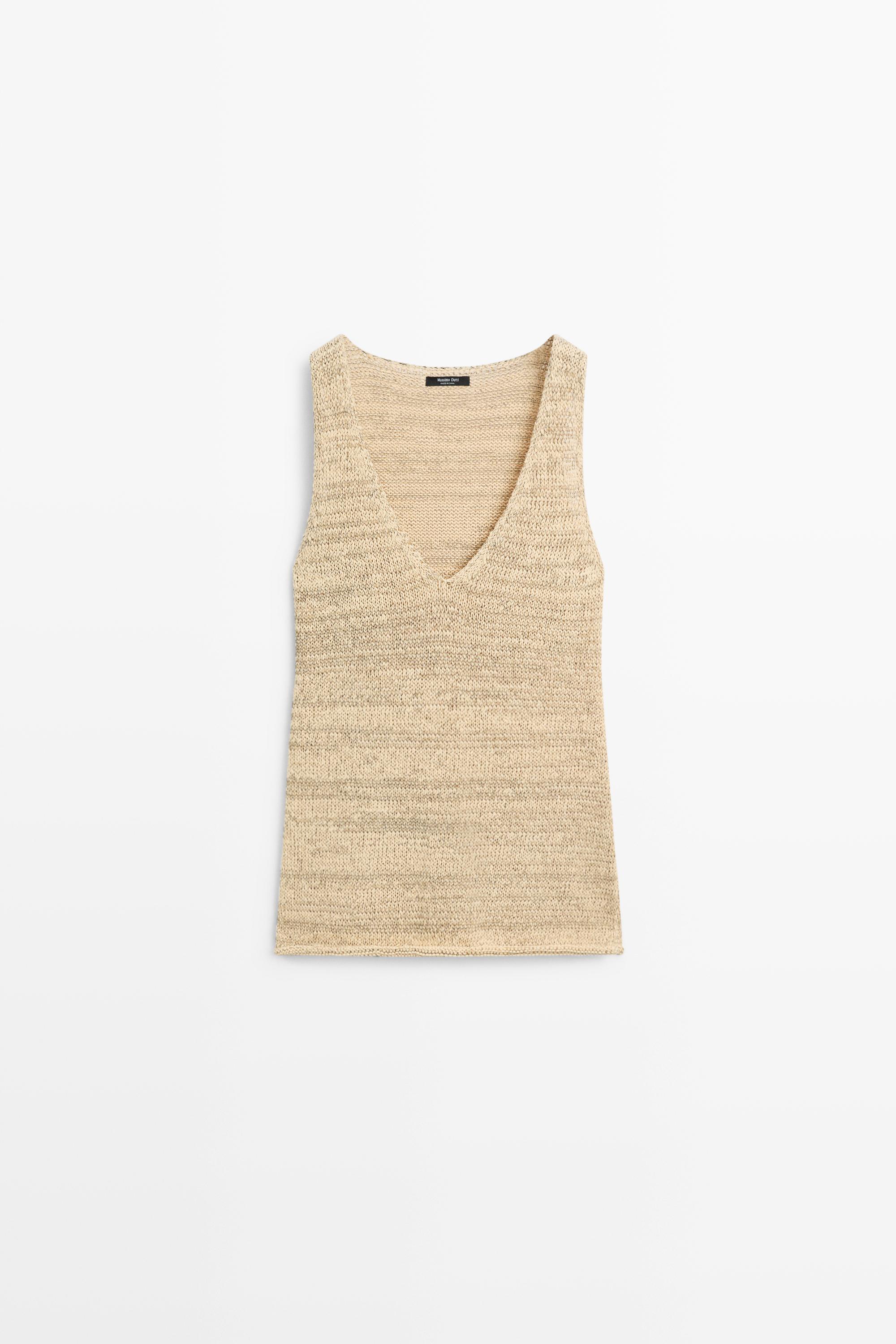 Melange cotton blend knit top Beige