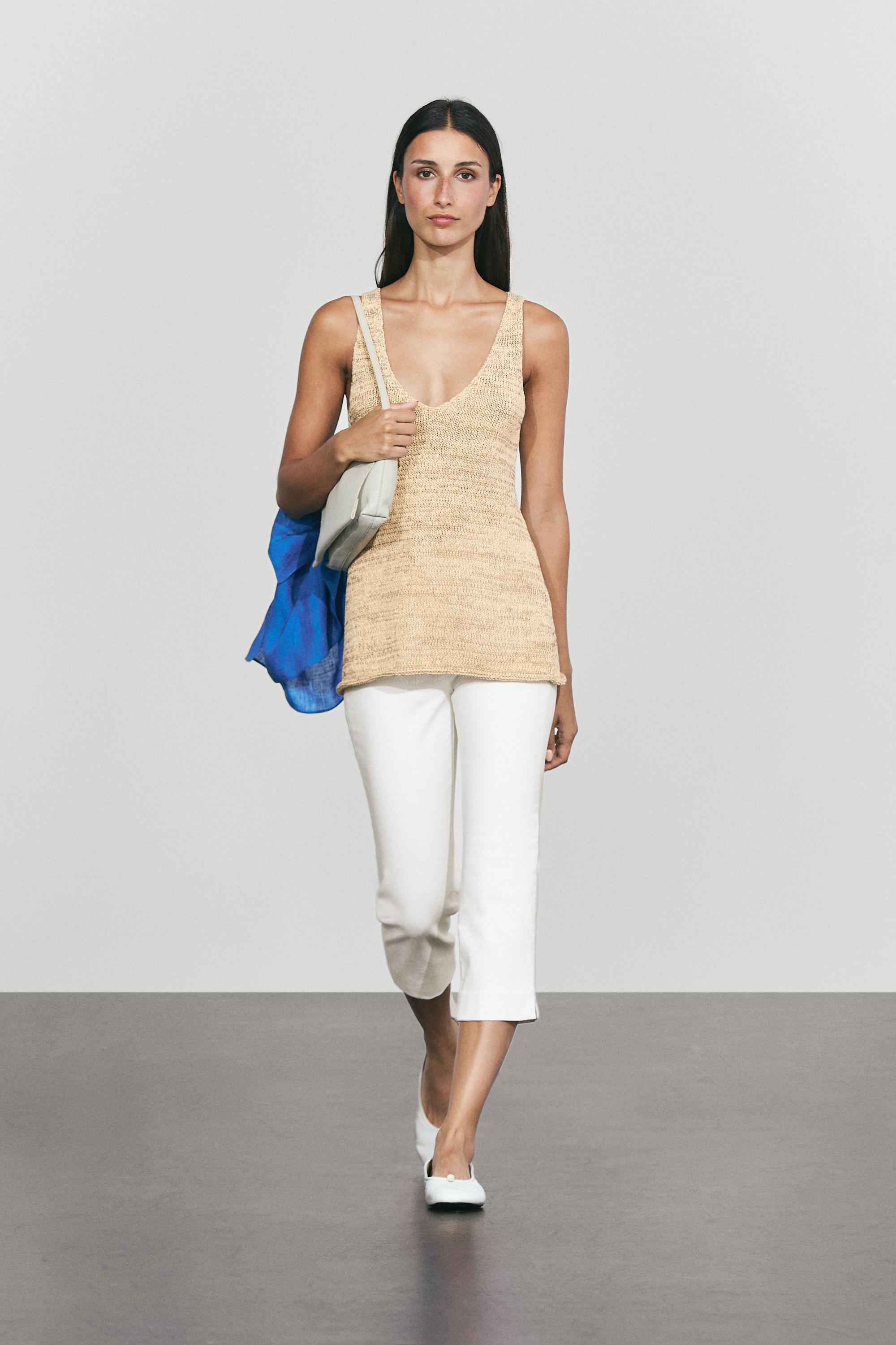 Melange cotton blend knit top Beige