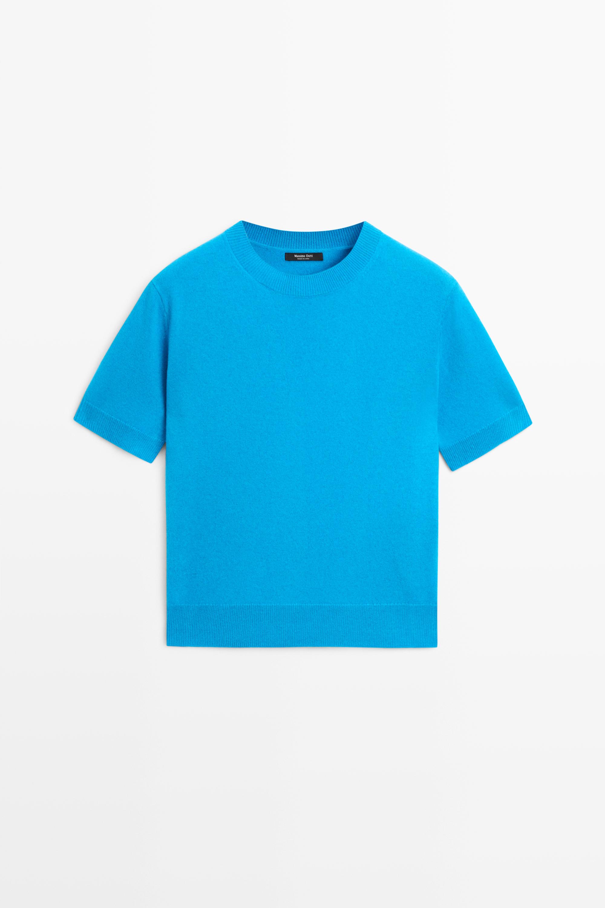 Short sleeve wool blend knit sweater Turquoise