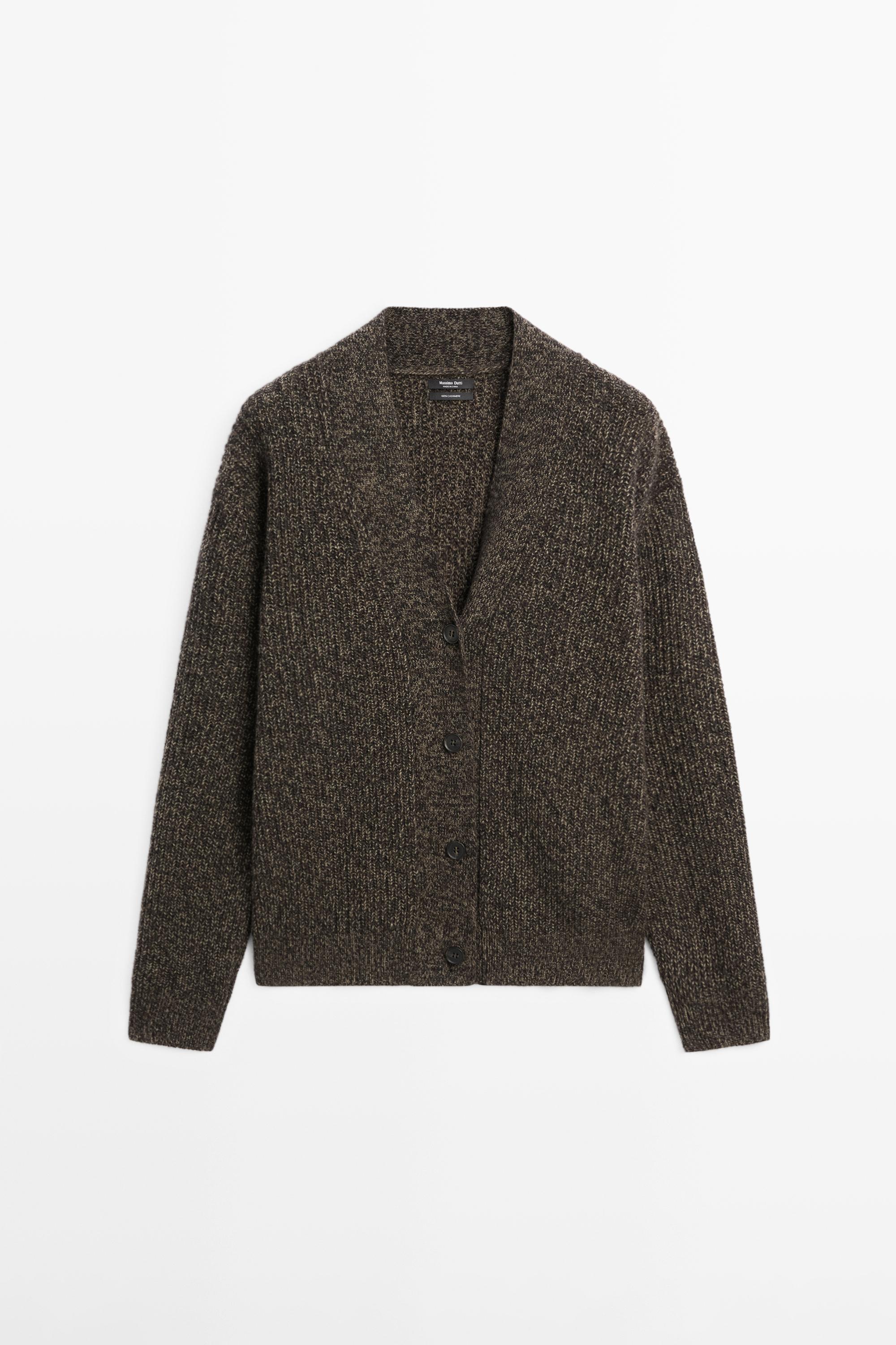 100% cashmere V-neck knit cardigan Mole Brown