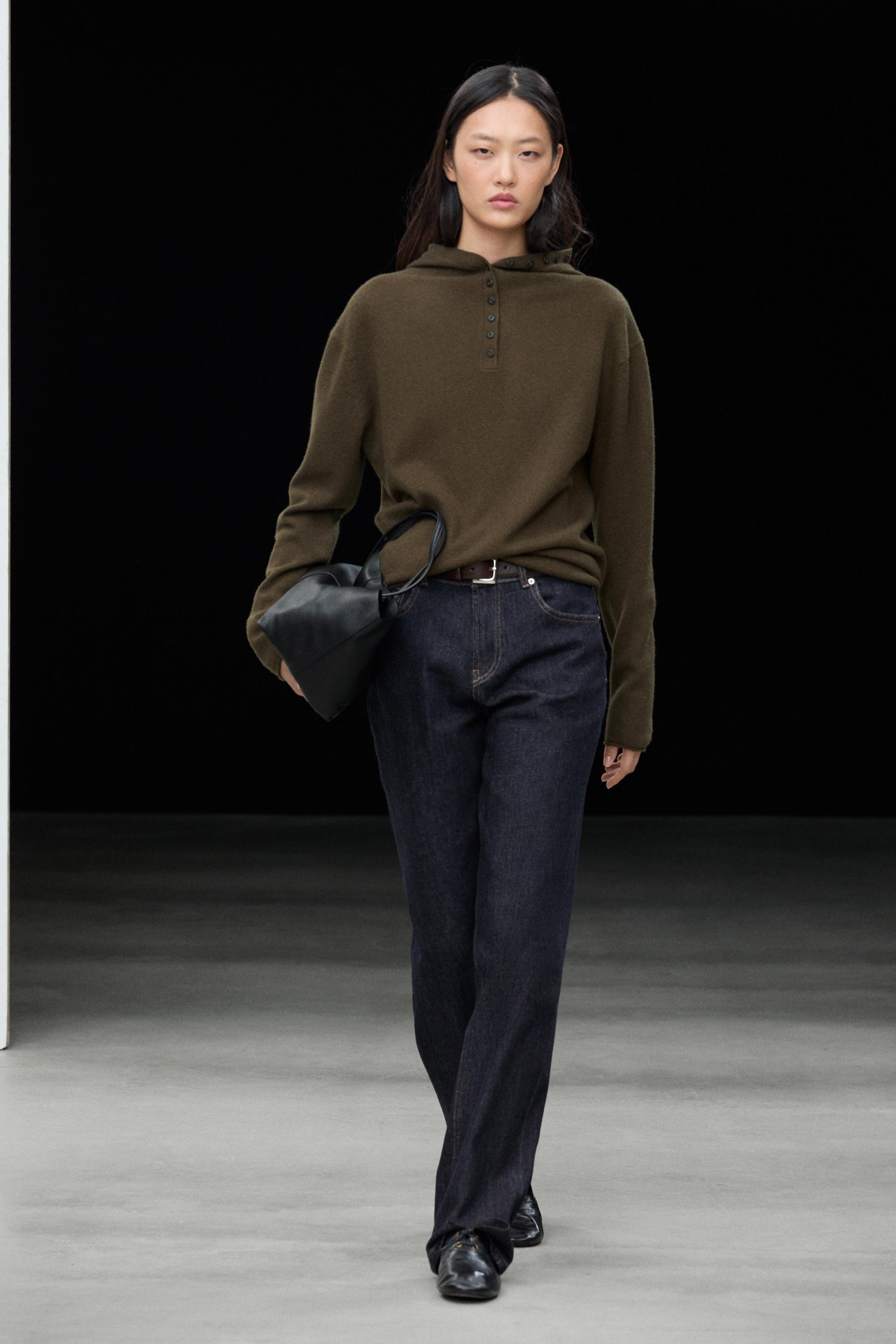 Hooded knit sweater with button detail Khaki