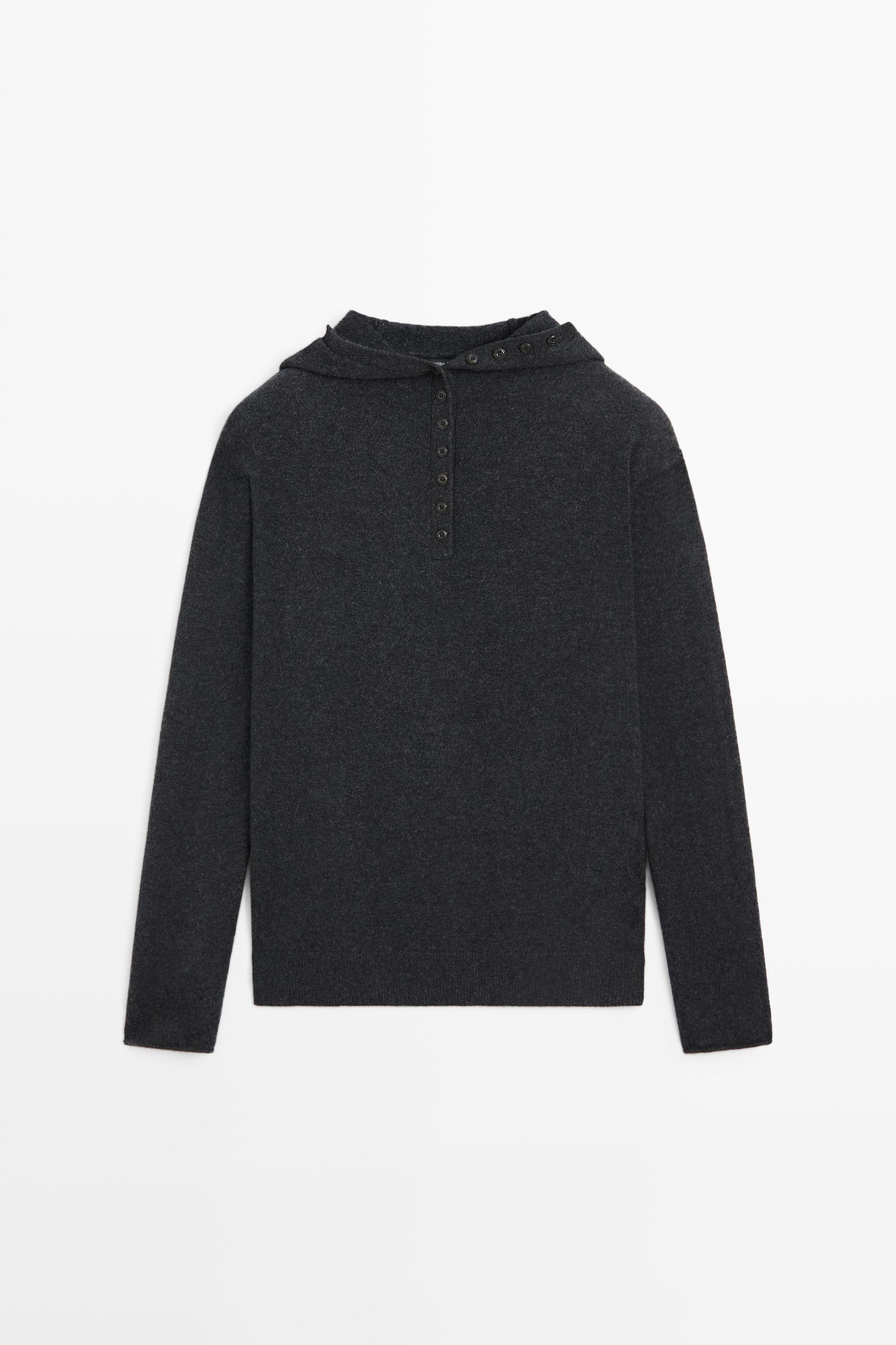Hooded knit sweater with button detail Anthracite Grey