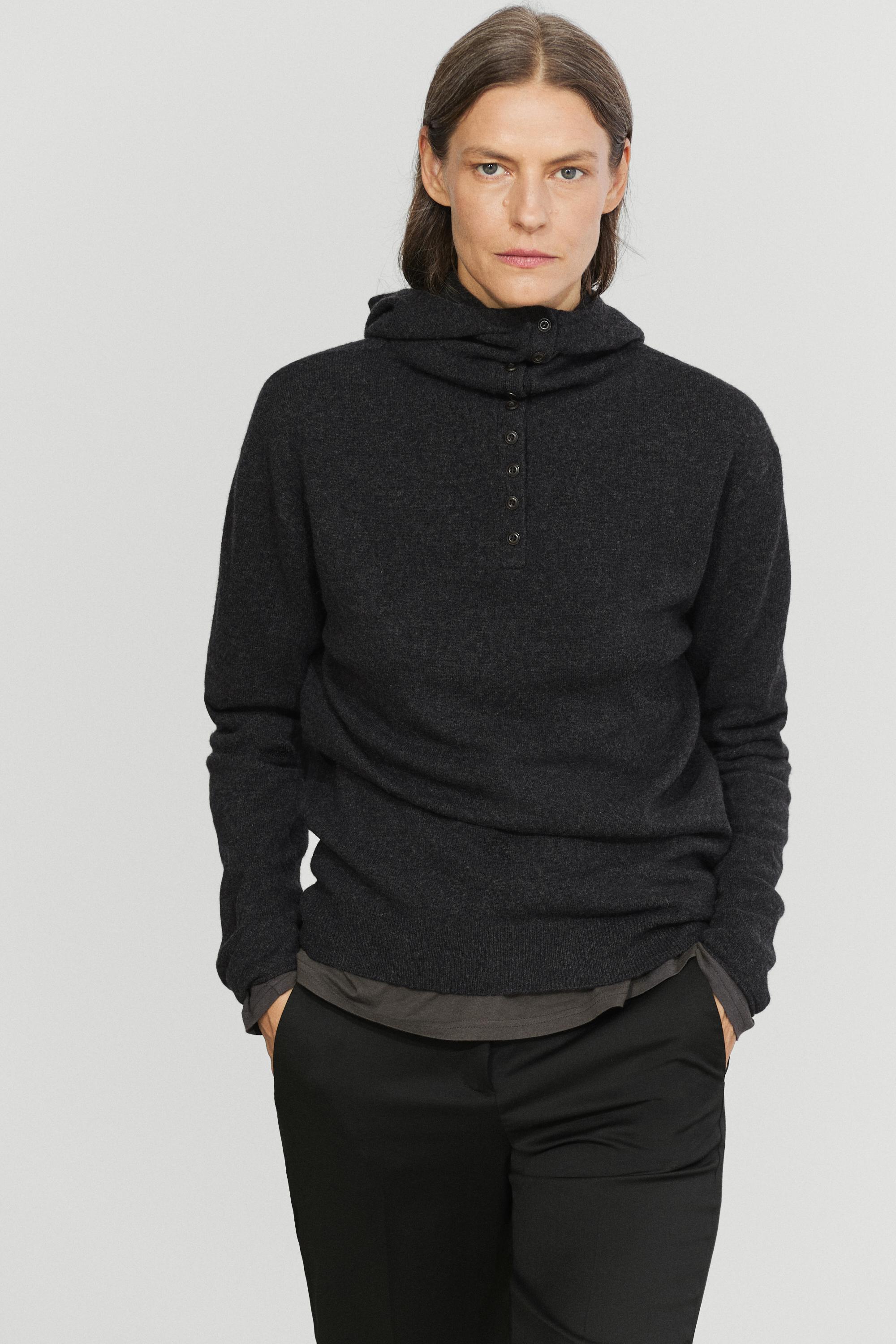 Hooded knit sweater with button detail Anthracite Grey