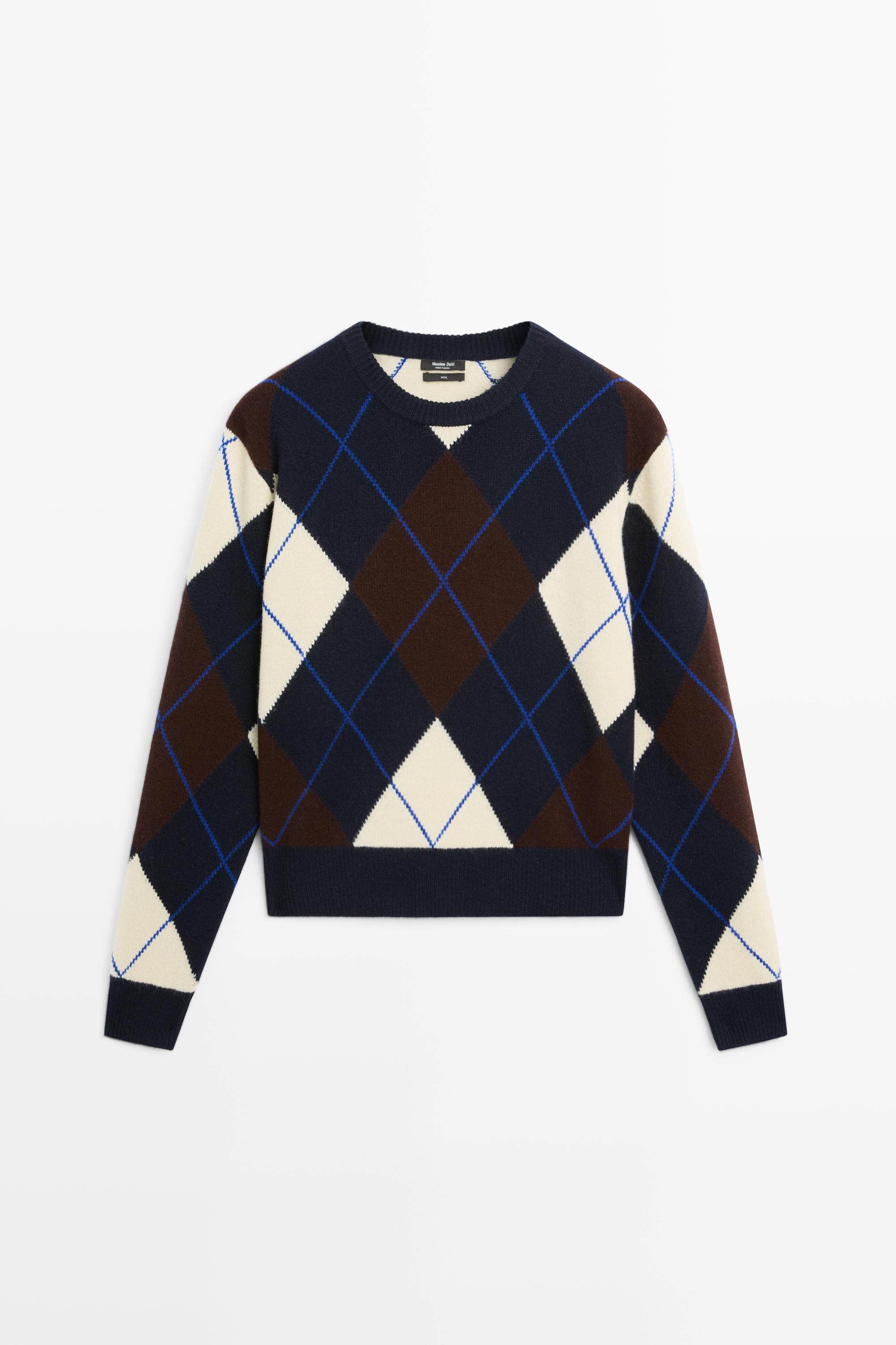 100% wool knit sweater with argyle detail Navy Blue