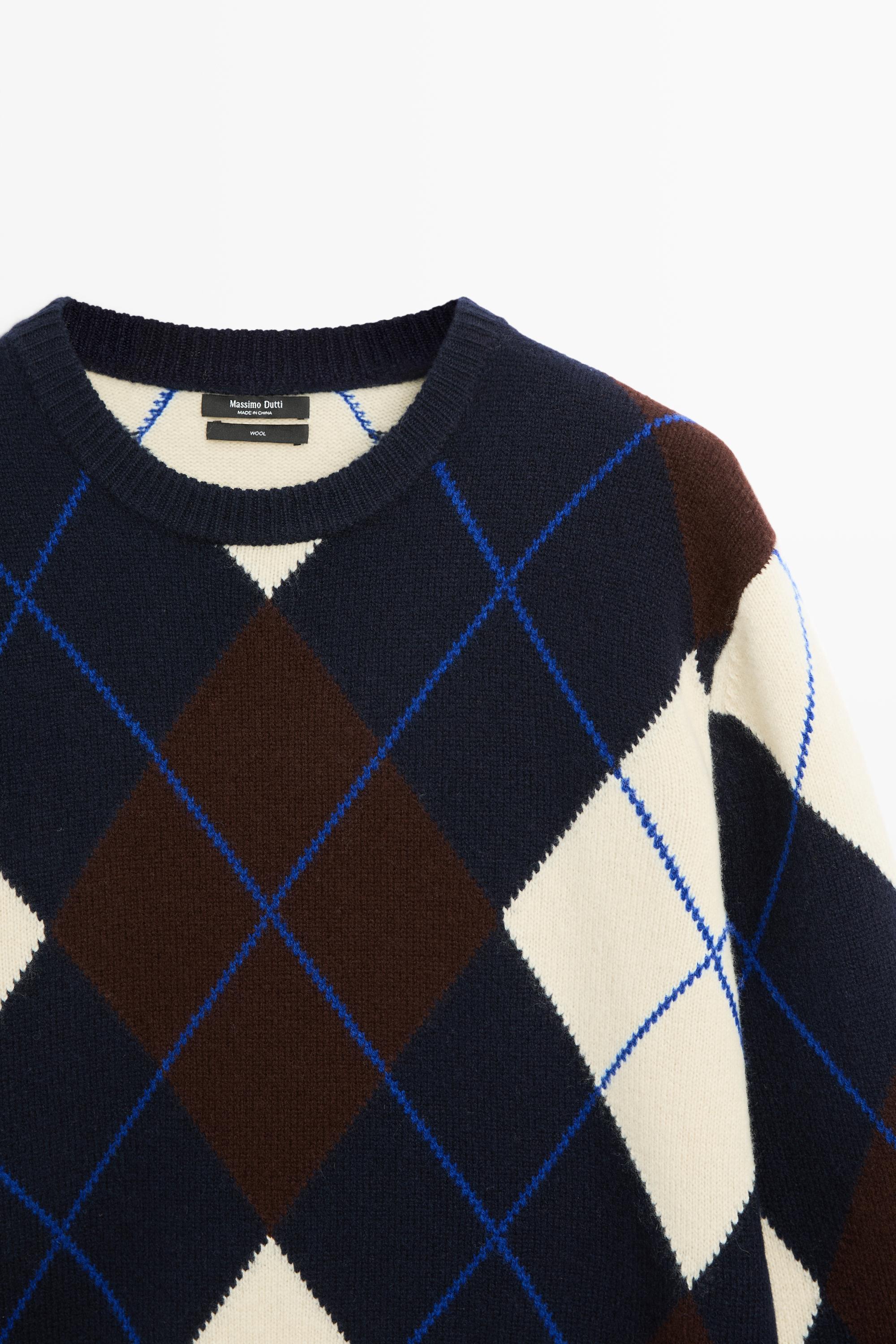 100% wool knit sweater with argyle detail Navy Blue