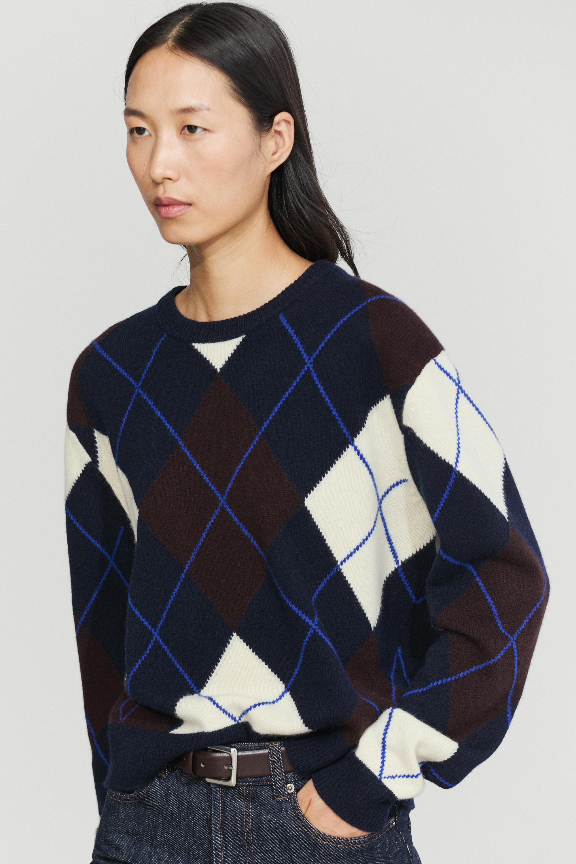 100% wool knit sweater with argyle detail Navy Blue
