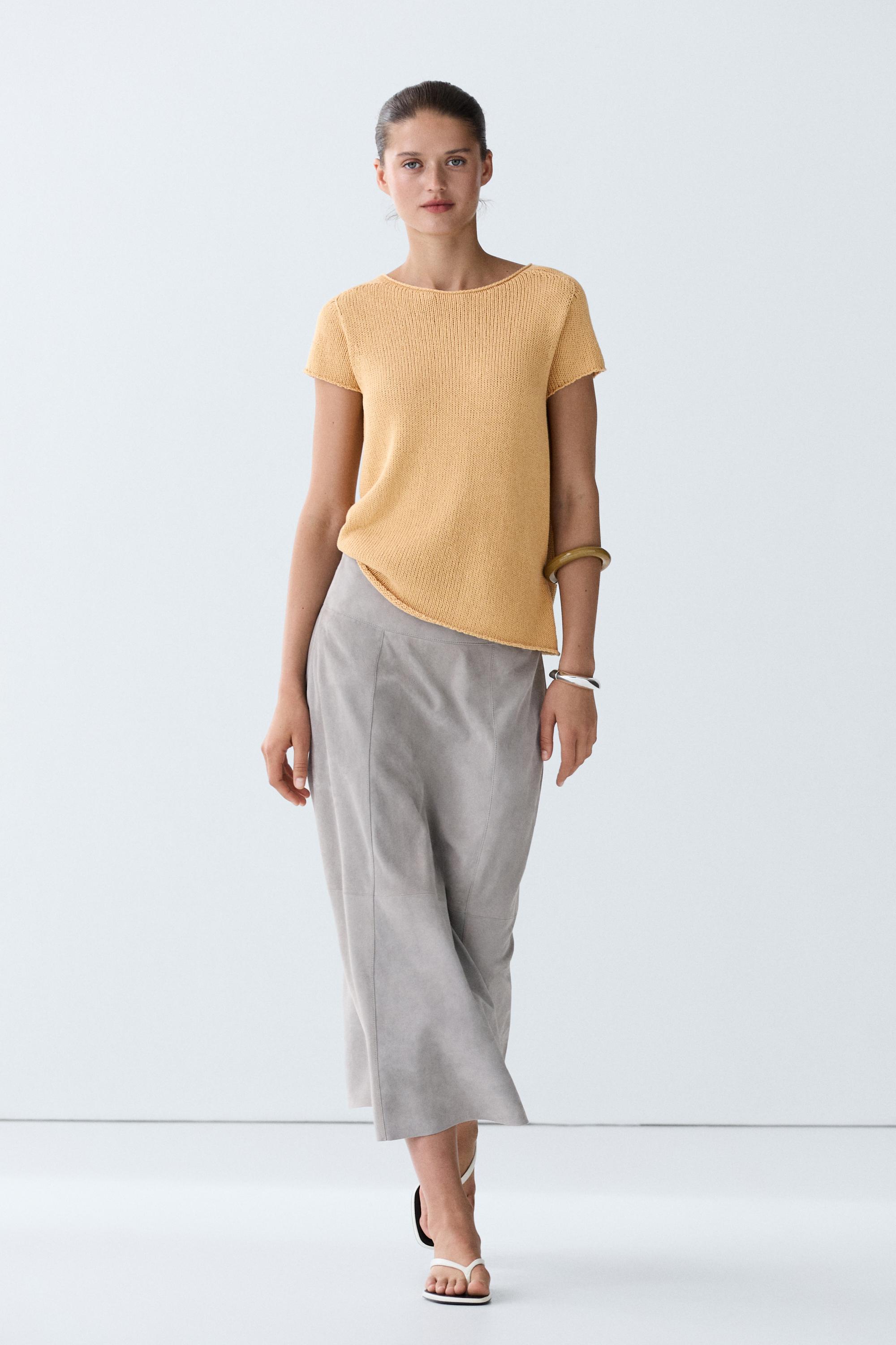 Cotton blend short sleeve knit sweater Corn Yellow