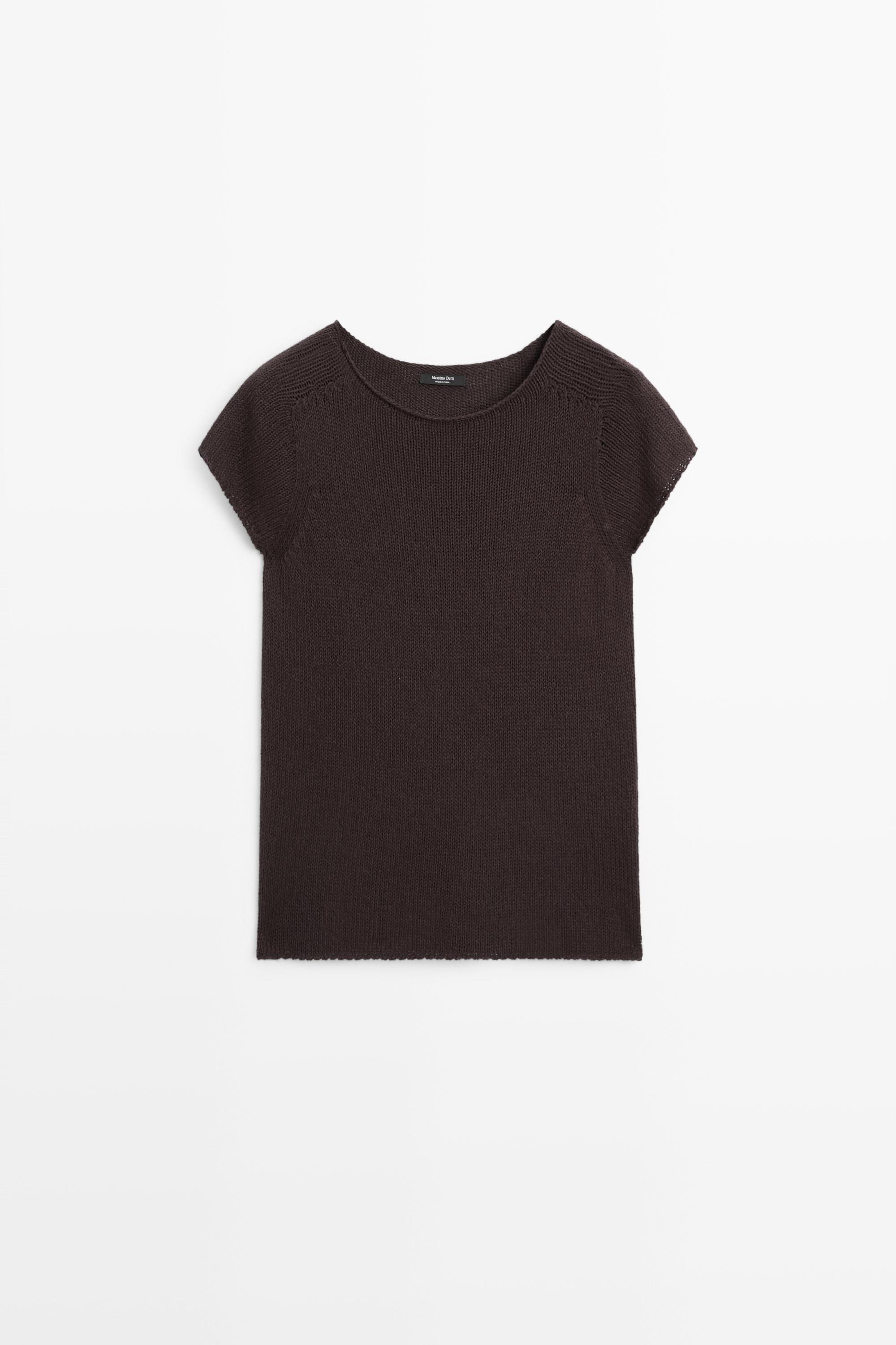Cotton blend short sleeve knit sweater Chocolate
