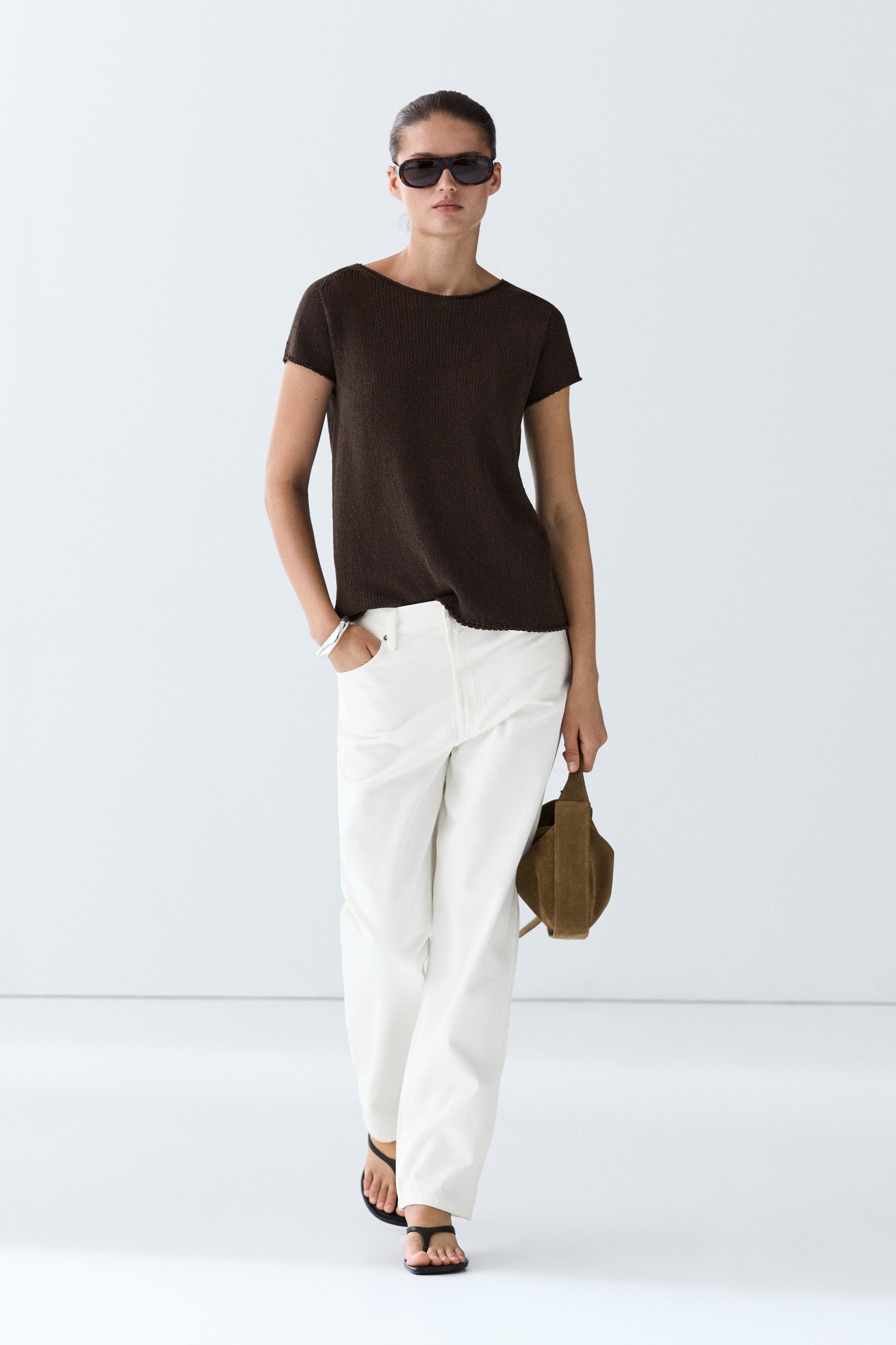 Cotton blend short sleeve knit sweater Chocolate