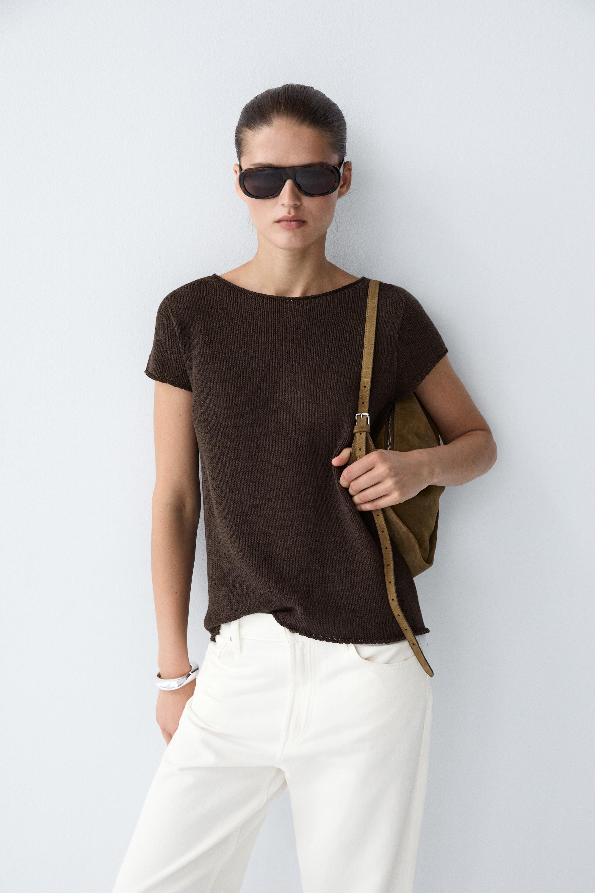 Cotton blend short sleeve knit sweater Chocolate