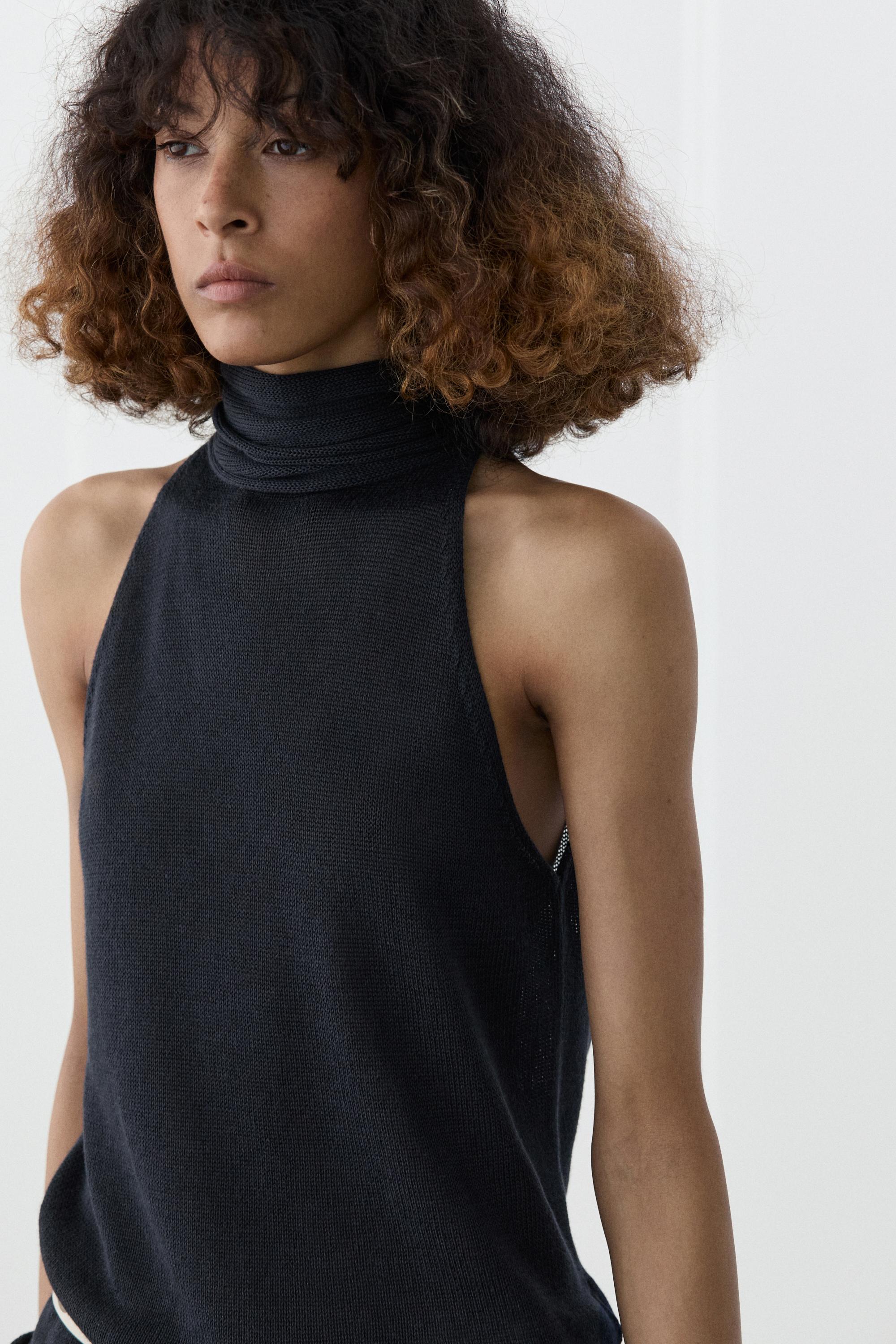 Flowing halter top with tie Navy Blue