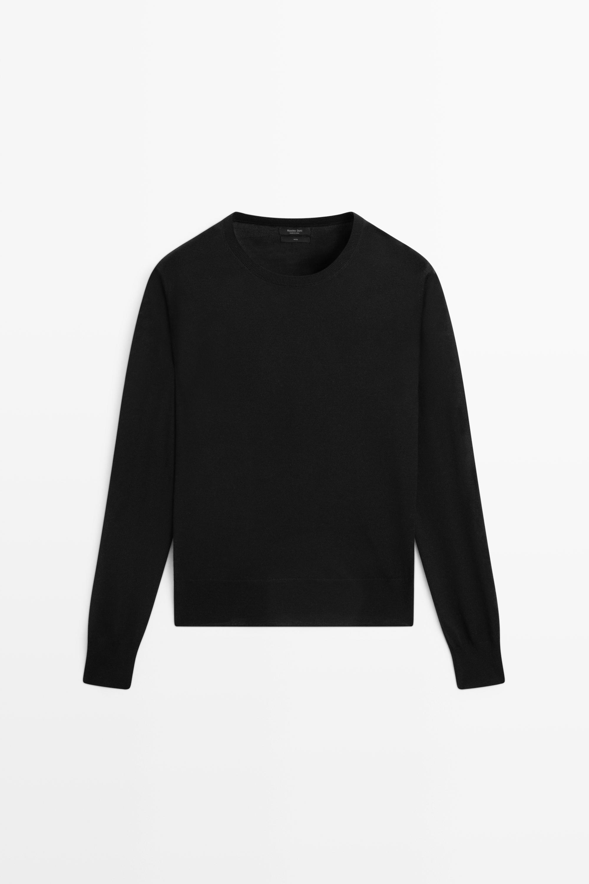 100% wool knit round neck sweater Black