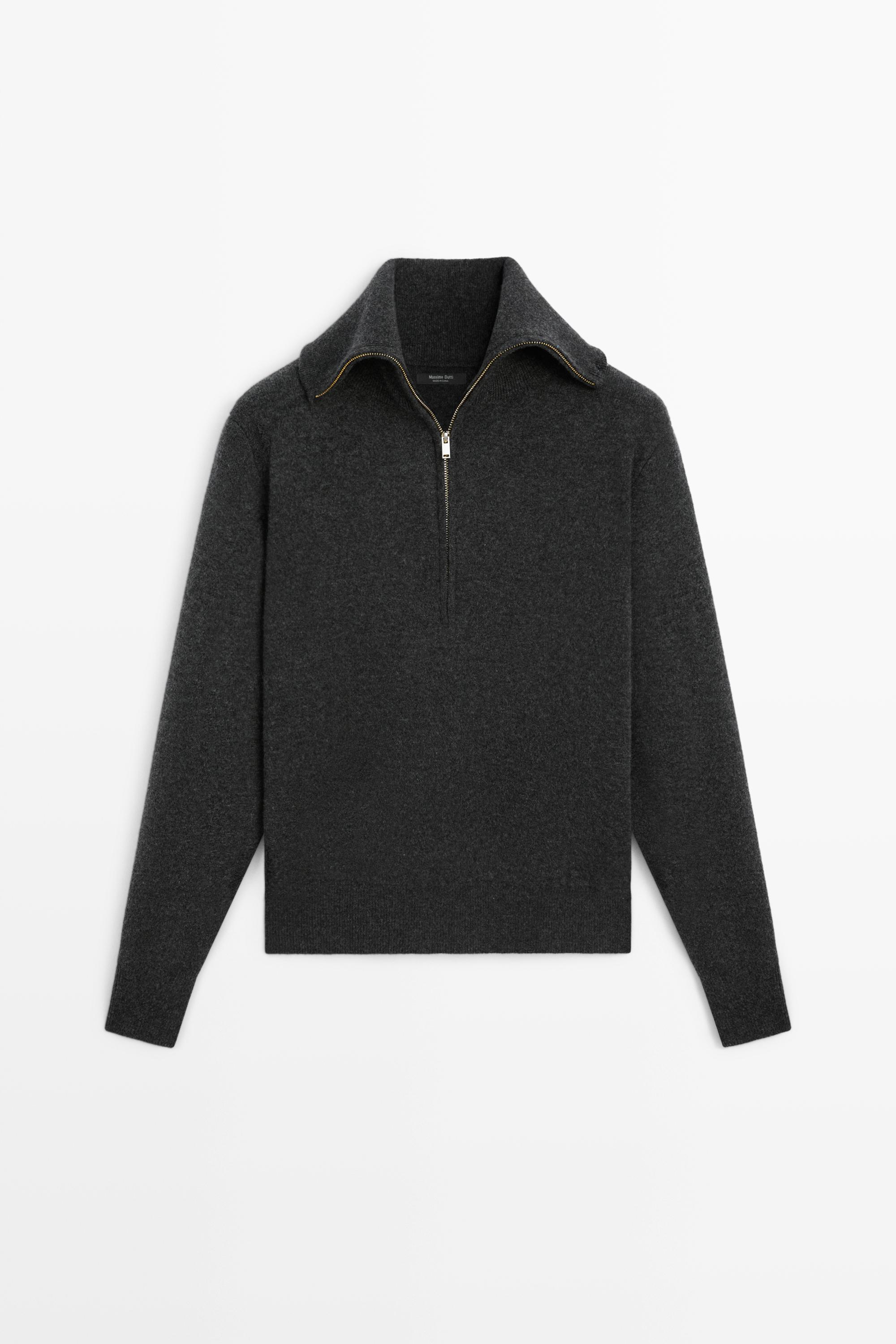 Wide collar zip-up knit sweater Anthracite Grey