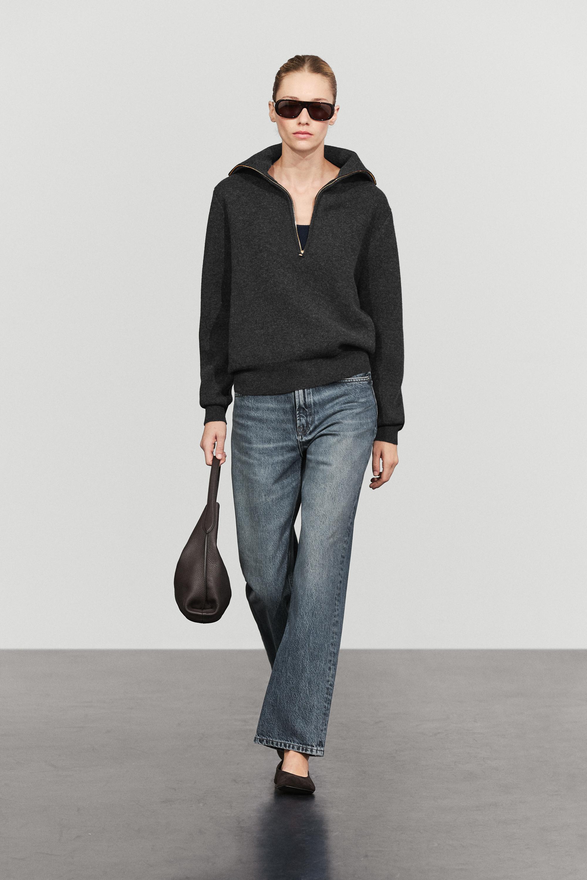 Wide collar zip-up knit sweater Anthracite Grey
