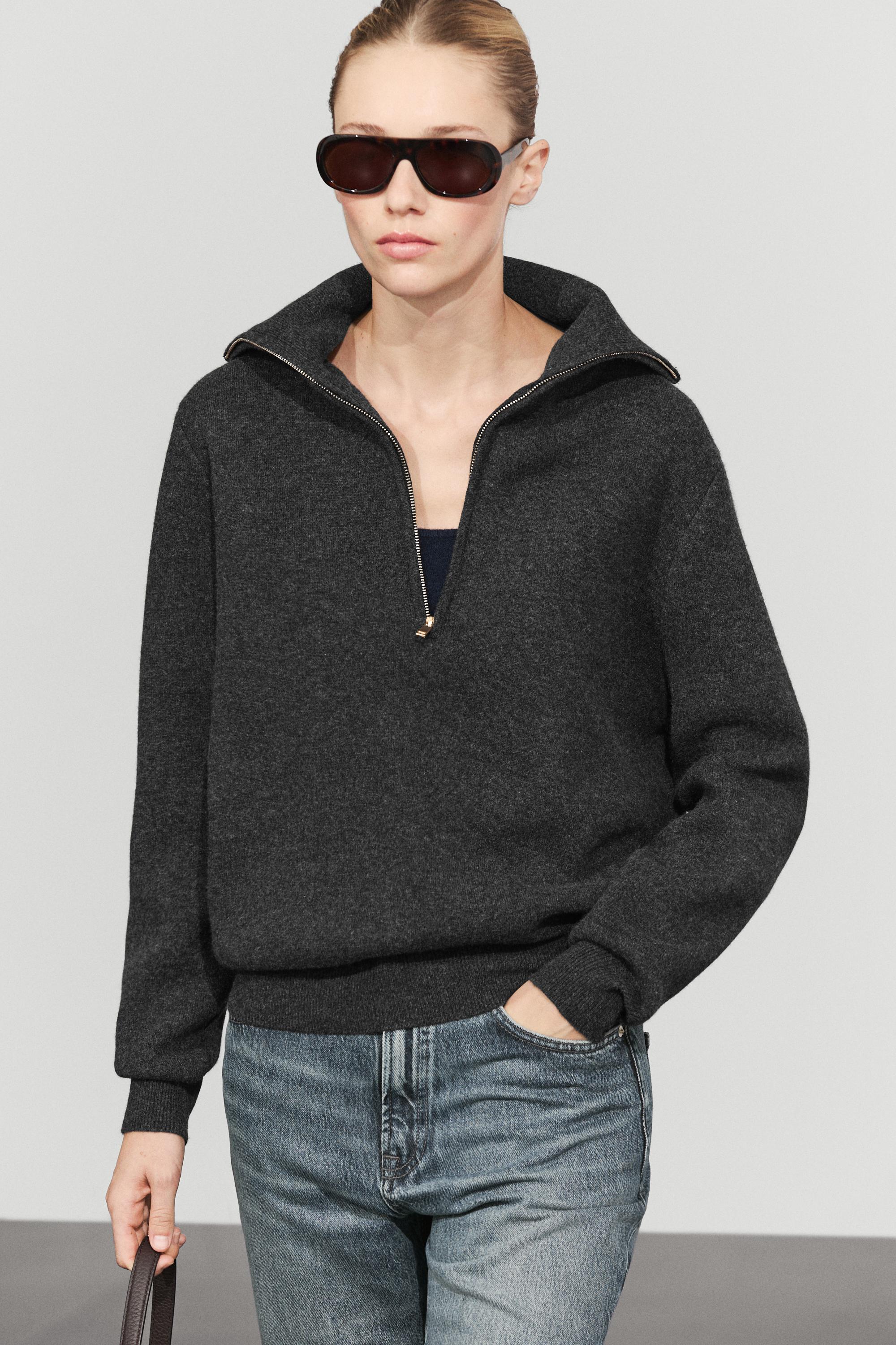 Wide collar zip-up knit sweater Anthracite Grey