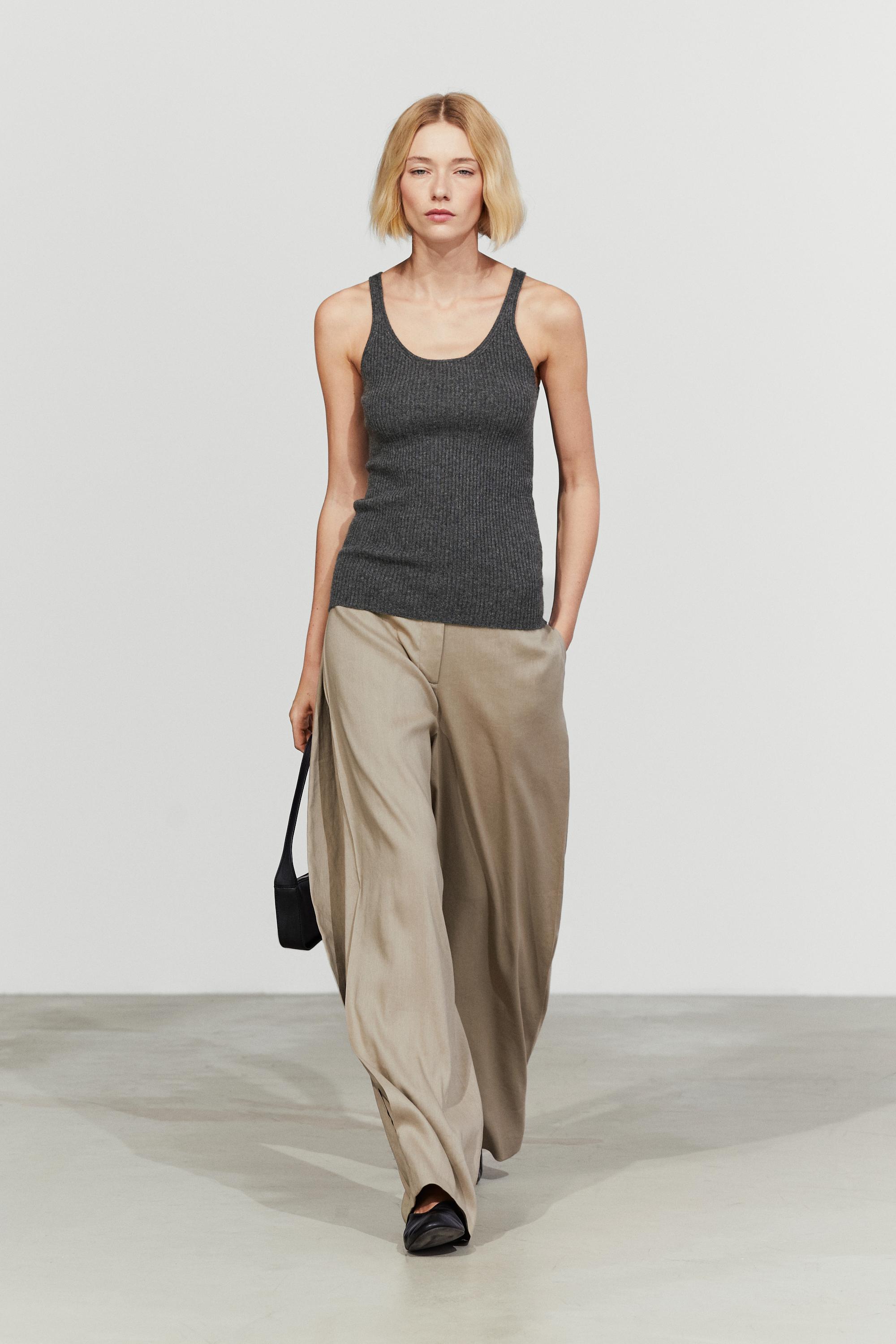 100% cashmere ribbed knit top Anthracite Grey