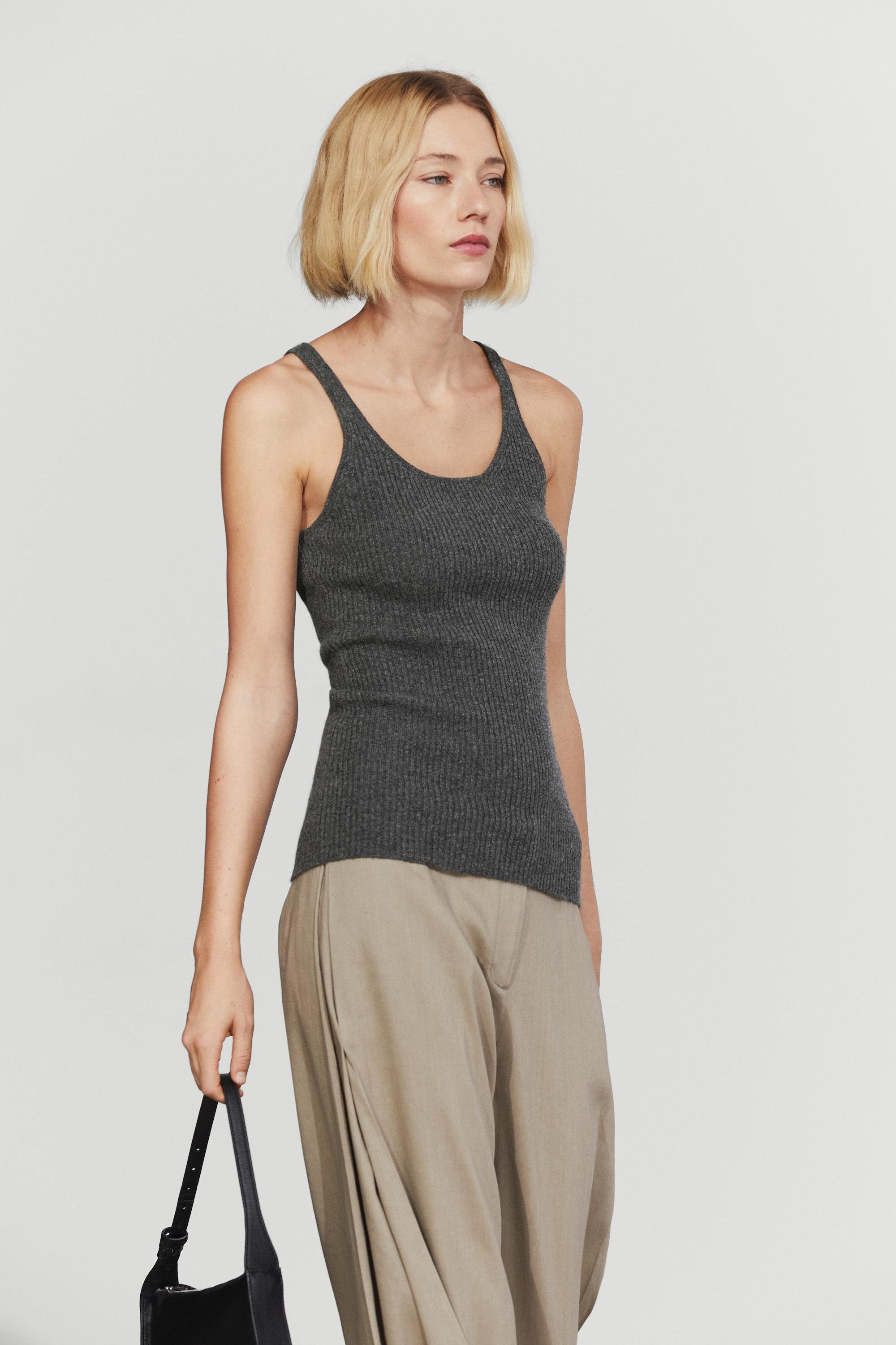100% cashmere ribbed knit top Anthracite Grey
