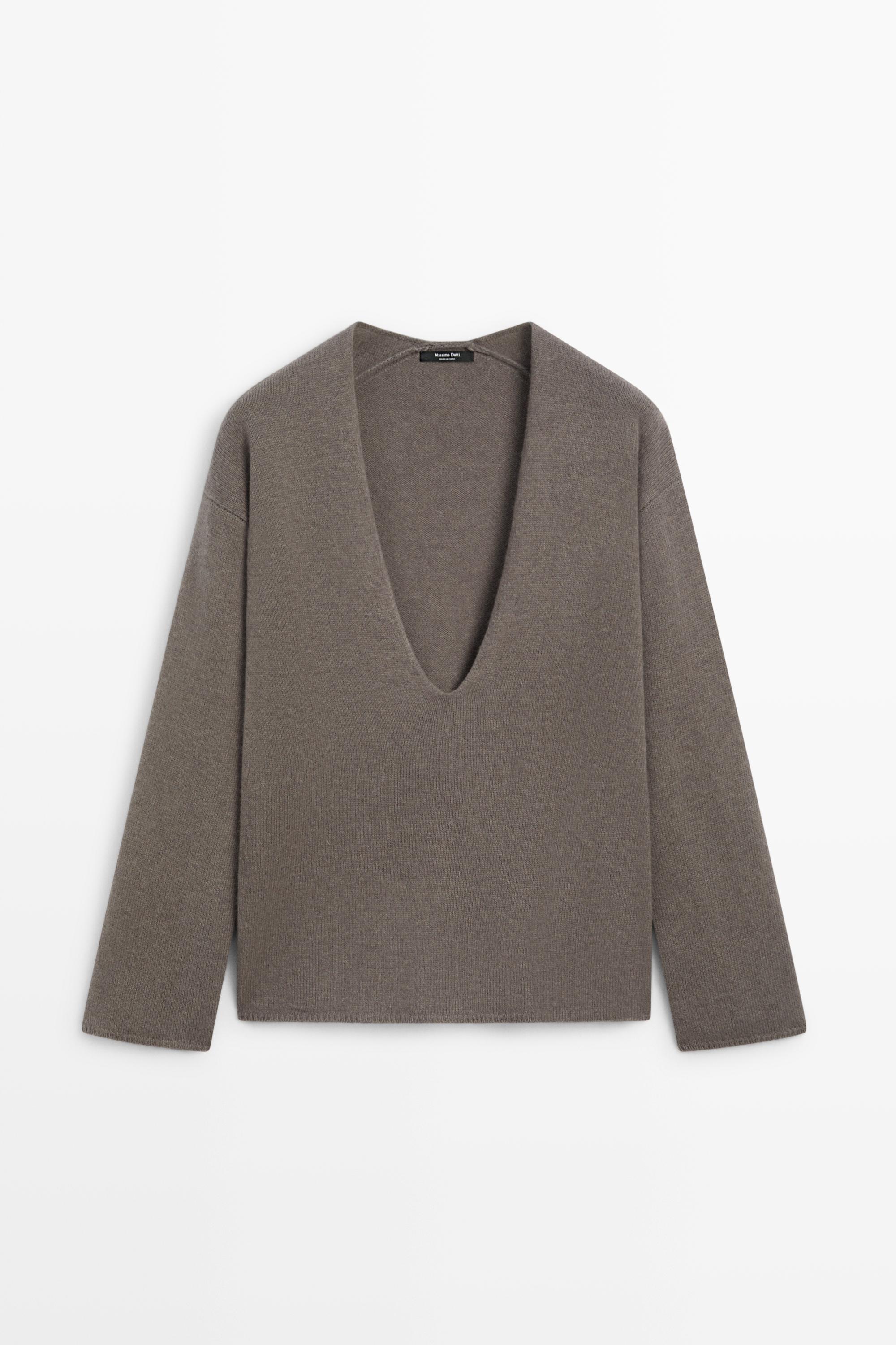 Long-line knit sweater with neckline detail Taupe Grey
