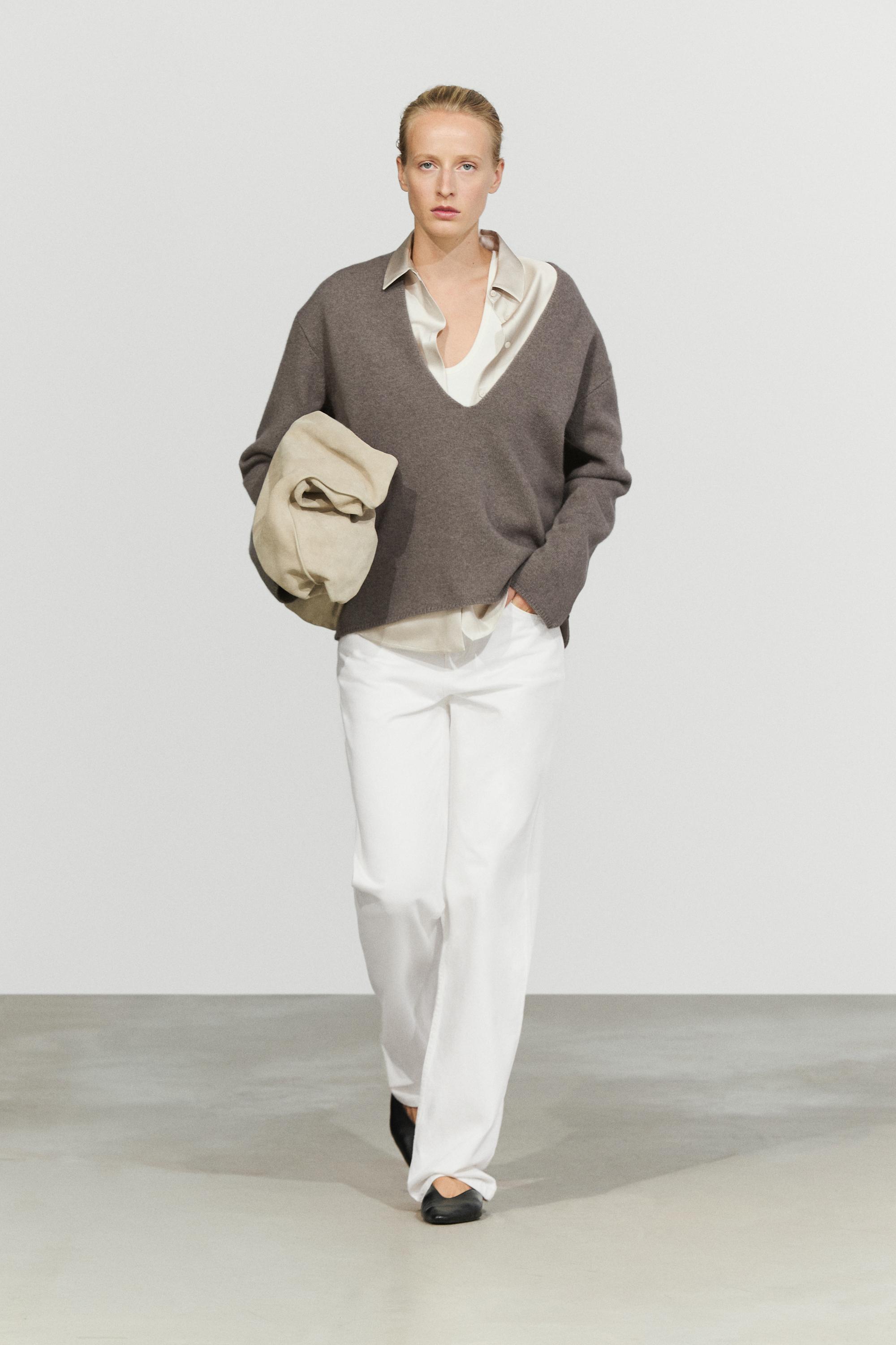 Long-line knit sweater with neckline detail Taupe Grey