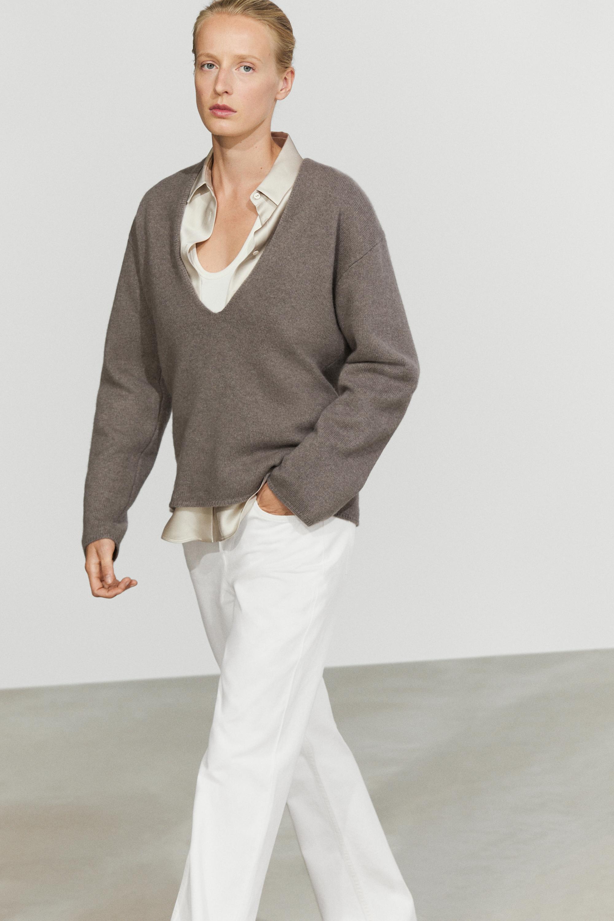 Long-line knit sweater with neckline detail Taupe Grey