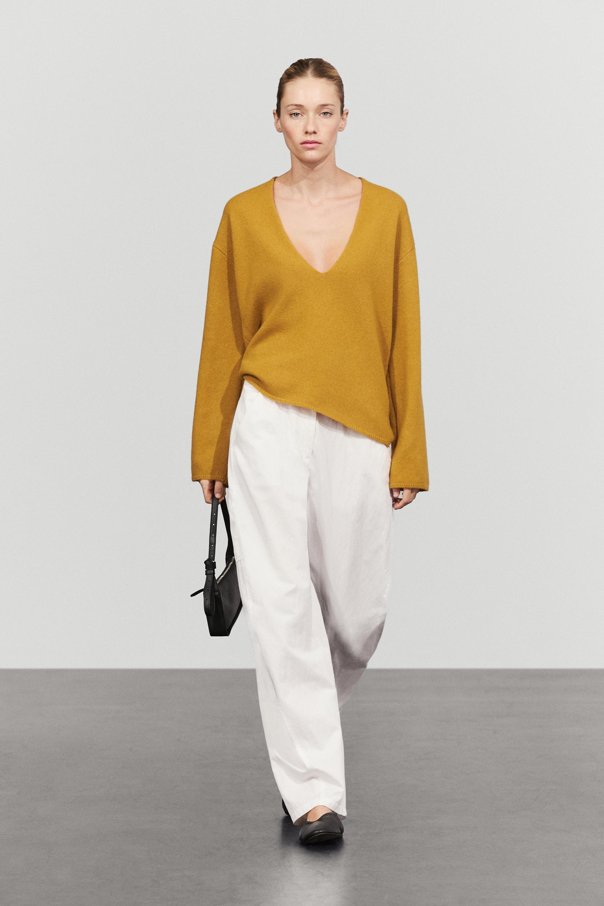 Long-line knit sweater with neckline detail Mustard Yellow
