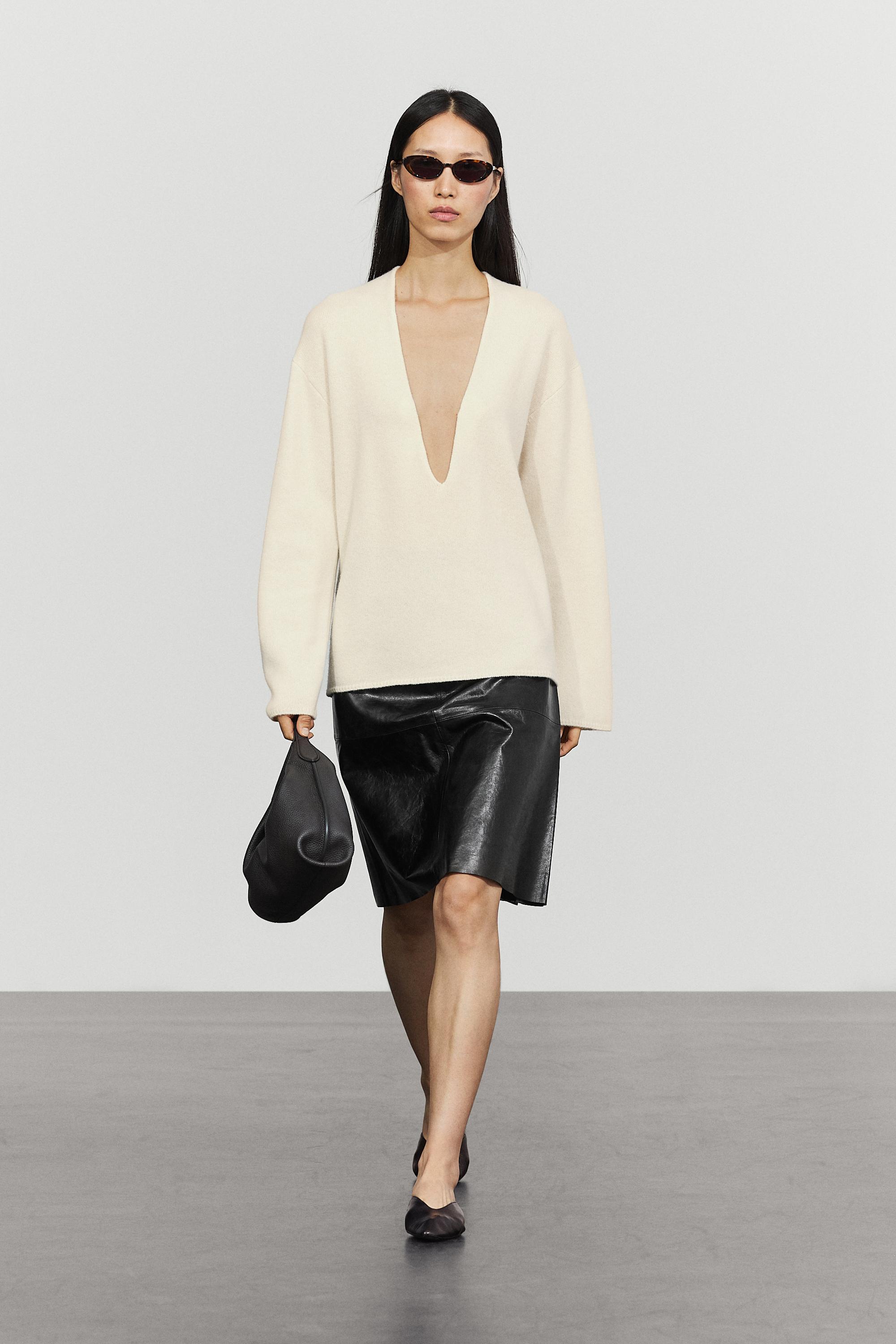 Long-line knit sweater with neckline detail Ochre Marl