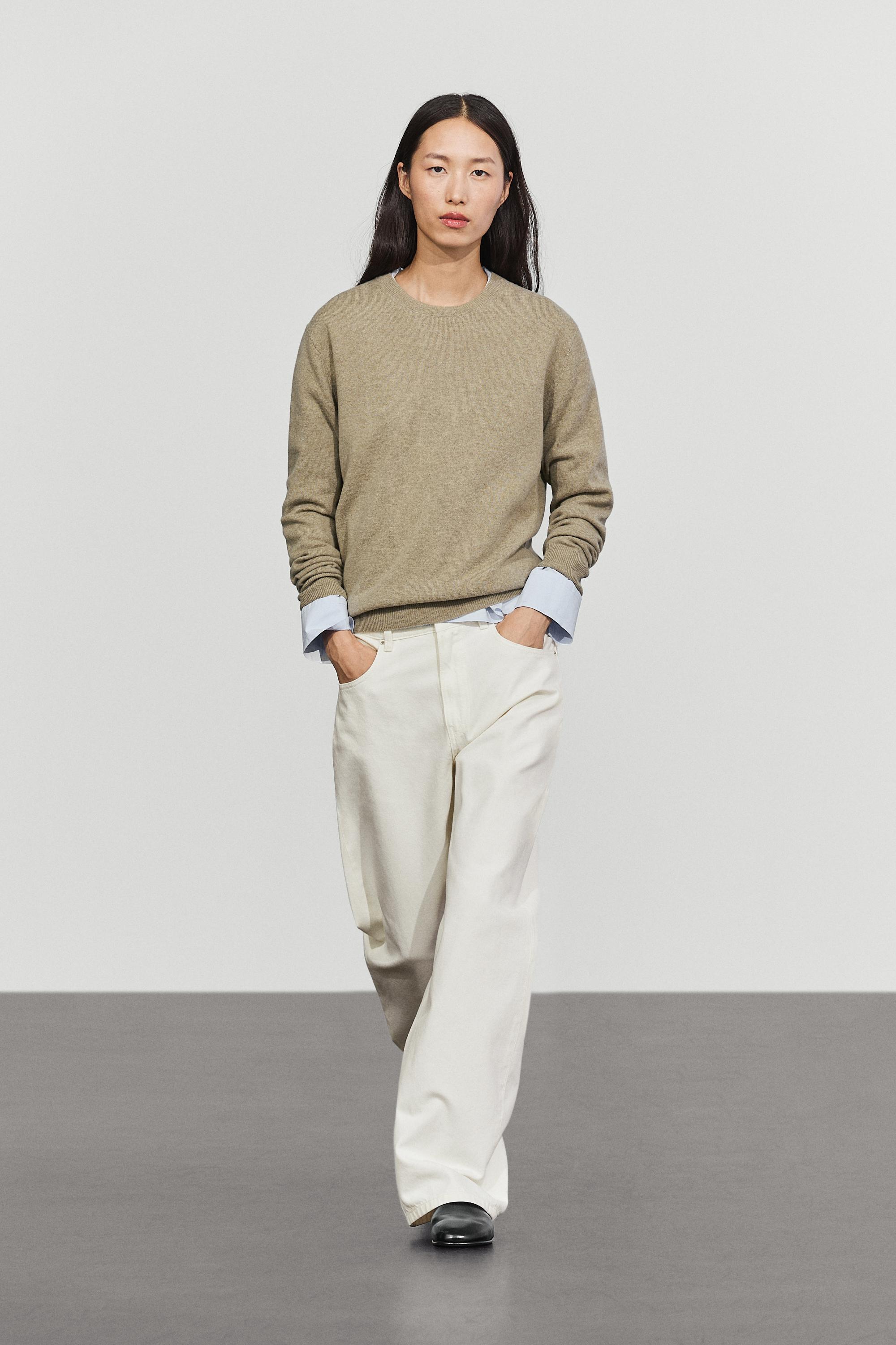 Wool blend knit sweater with round neck Beige Marl