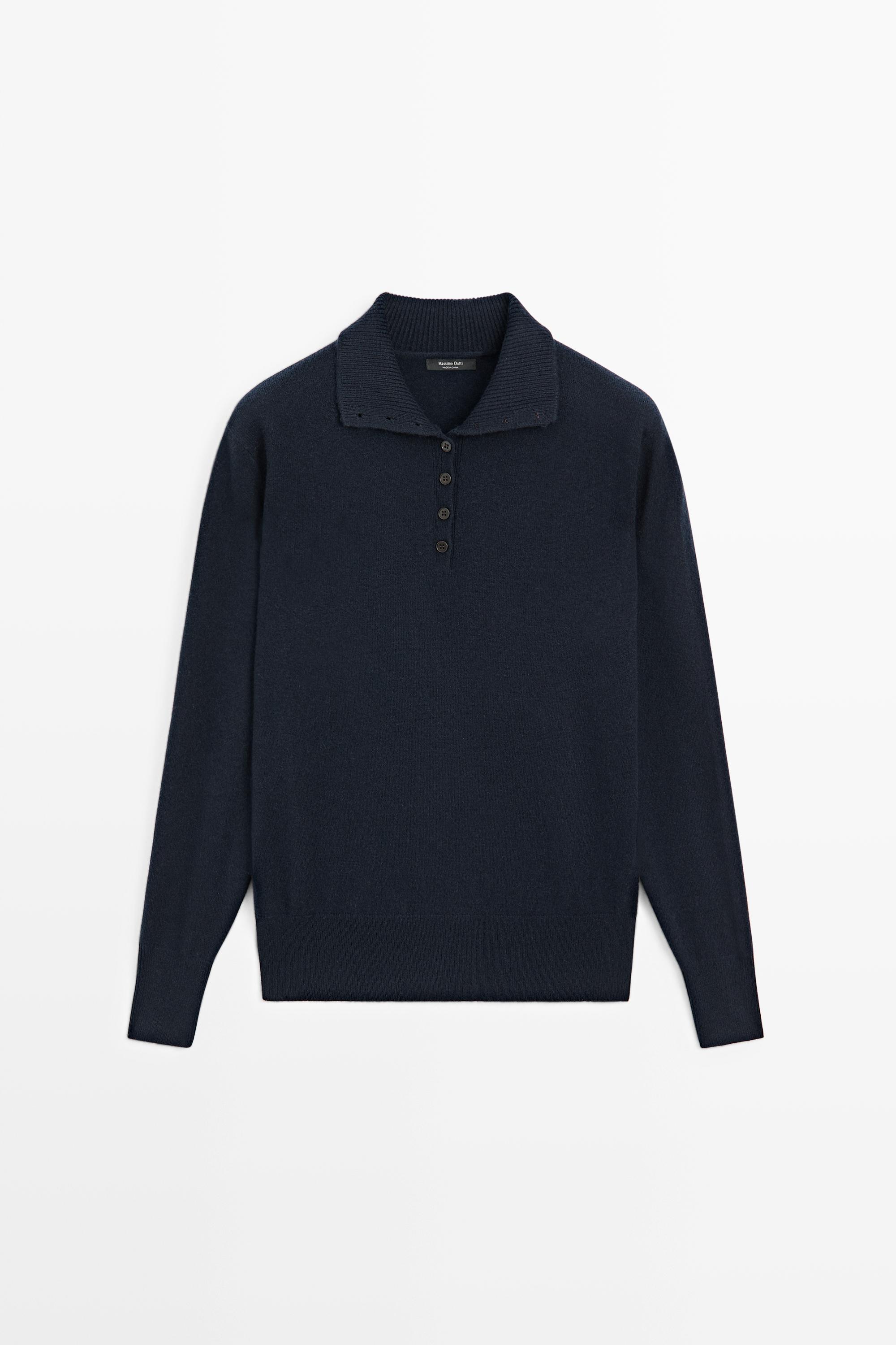 High neck knit sweater with button detail Navy Blue