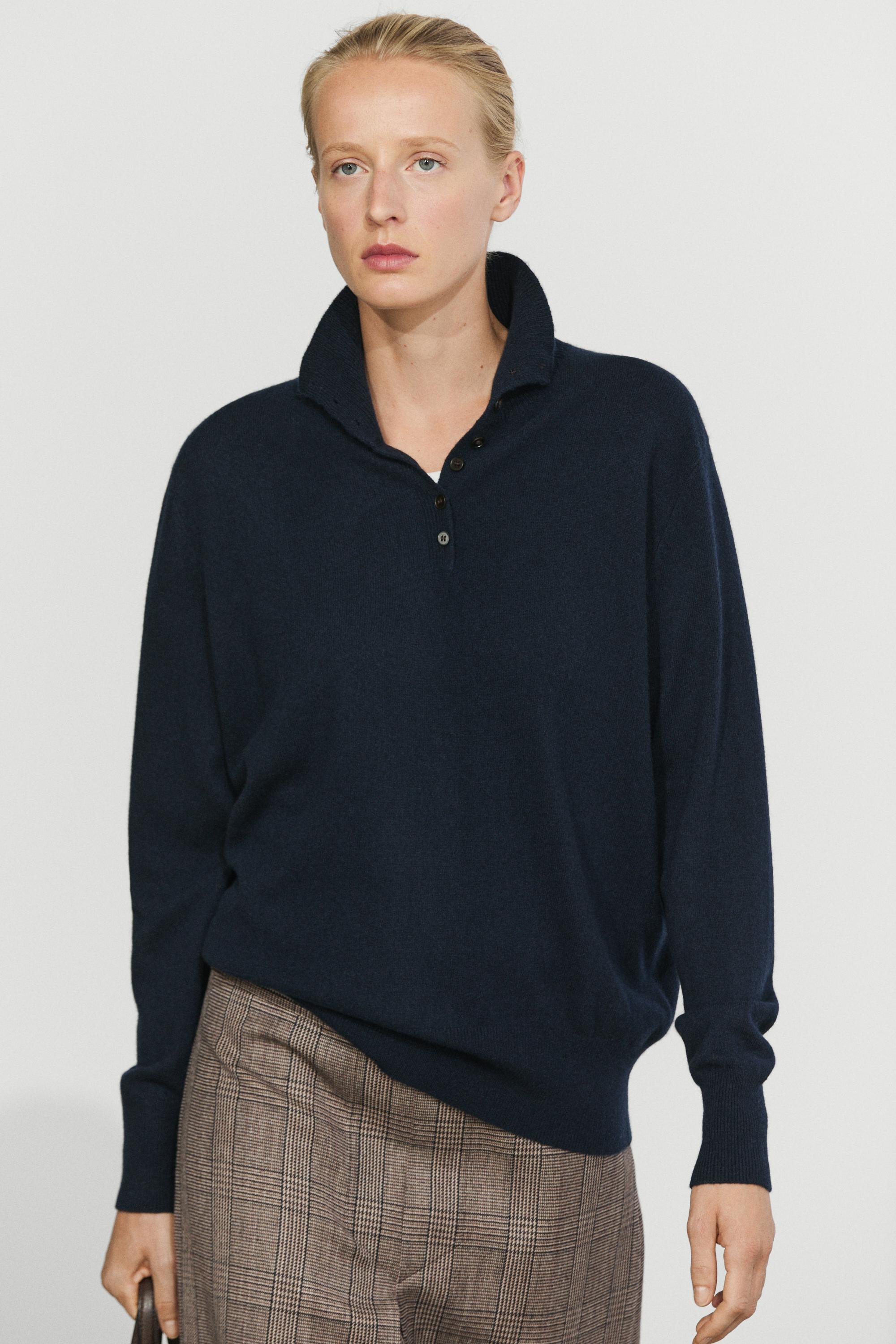 High neck knit sweater with button detail Navy Blue