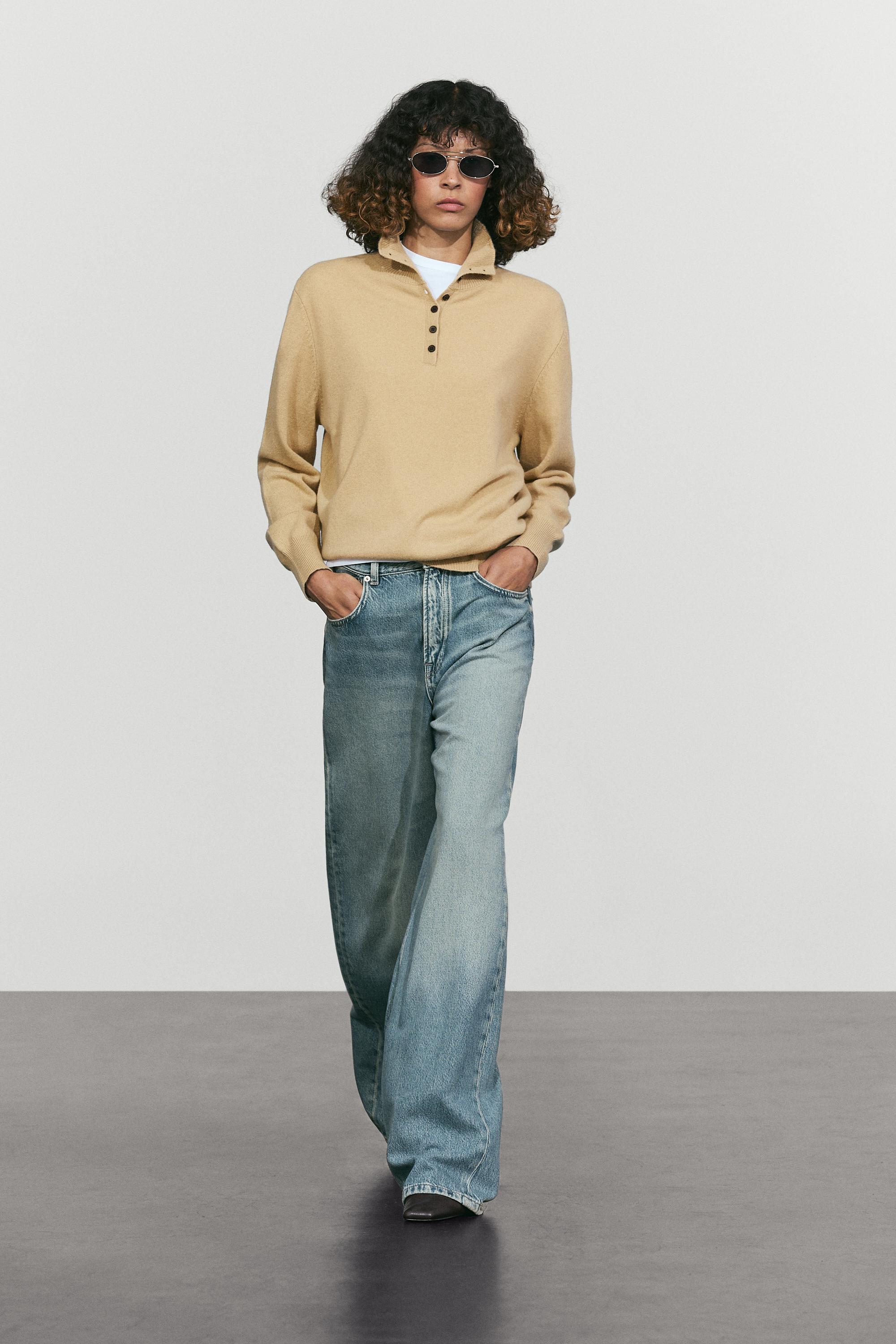 High neck knit sweater with button detail Camel