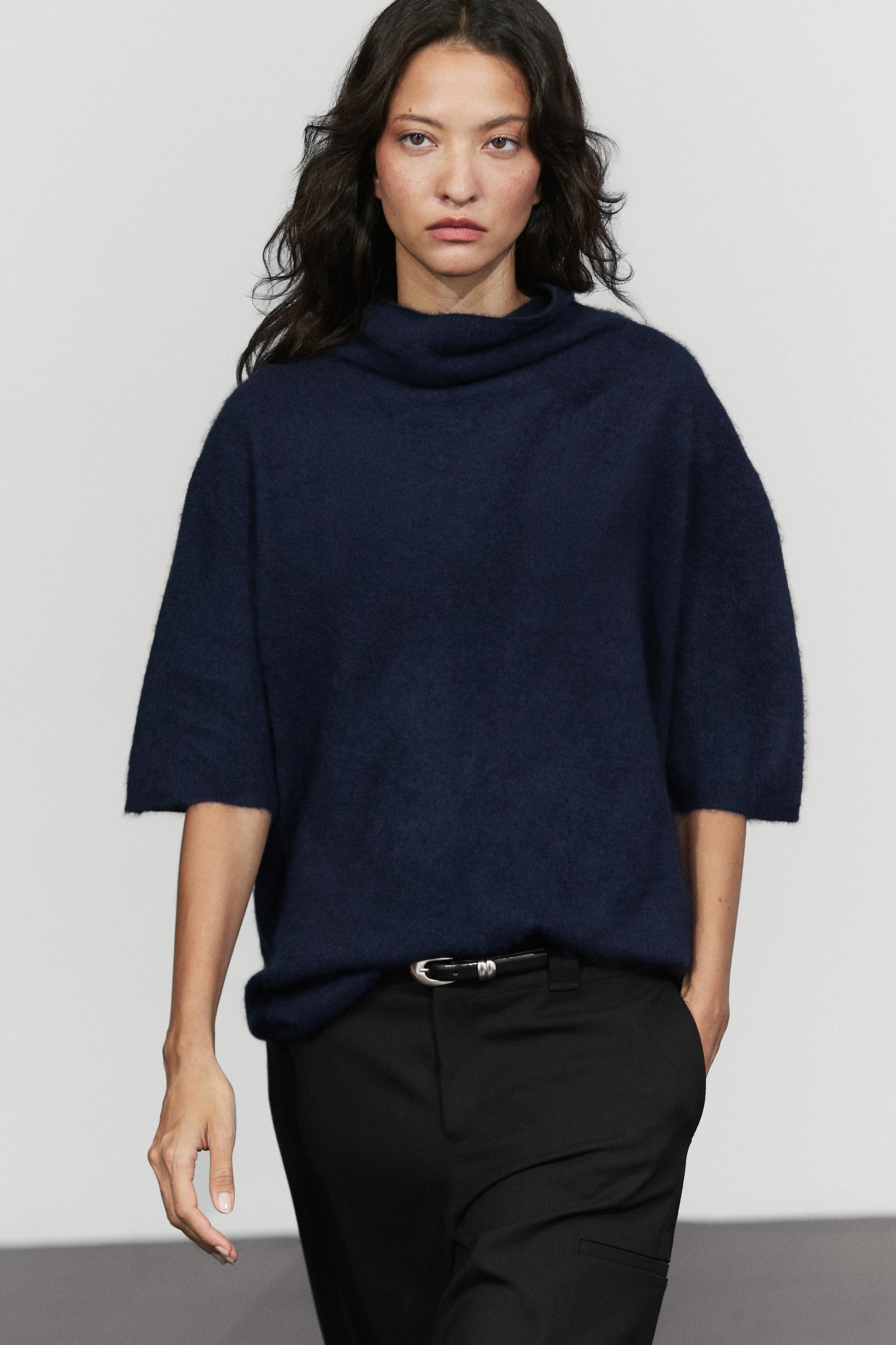 100% wool oversize short-sleeve knit sweater Ink Blue